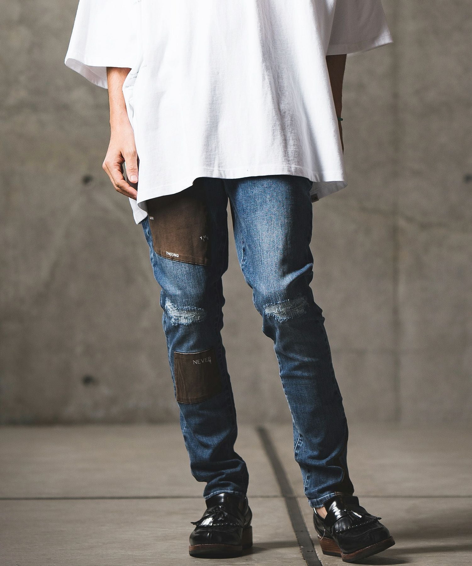 50%OFF【GLIMCLAP(グリムクラップ)】Patchwork design tight-fit denim