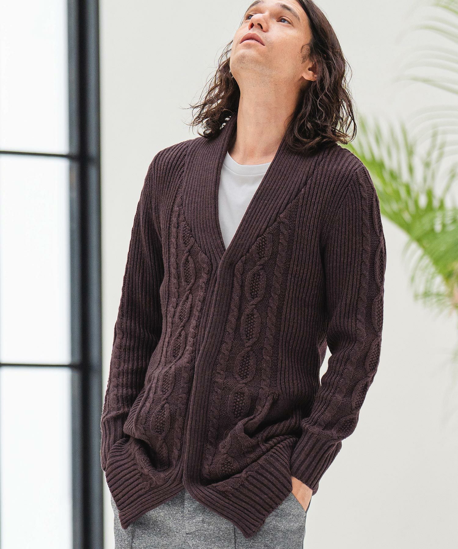 モラビト ロングカーディガン ガウン 長袖 ベージュ M サイズ38 ベルト 70%OFF【CAMBIO(カンビオ)】ショールカラーケーブルロングガウン