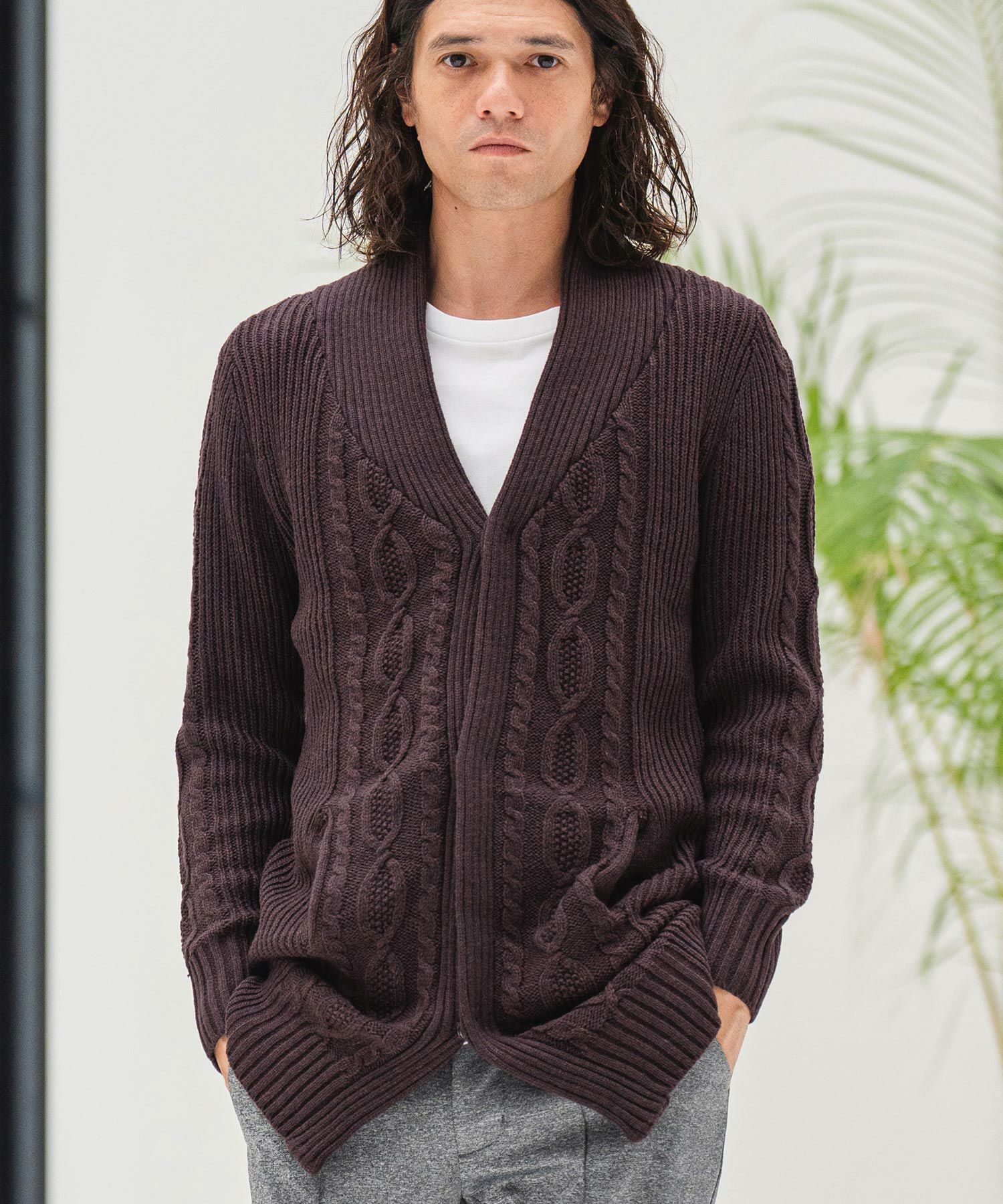 ◆美品◆MOYURU萌◆センソユニコ◆リネンロングガウンカーディガン◆ブラウン 70%OFF【CAMBIO(カンビオ)】ショールカラーケーブルロングガウン
