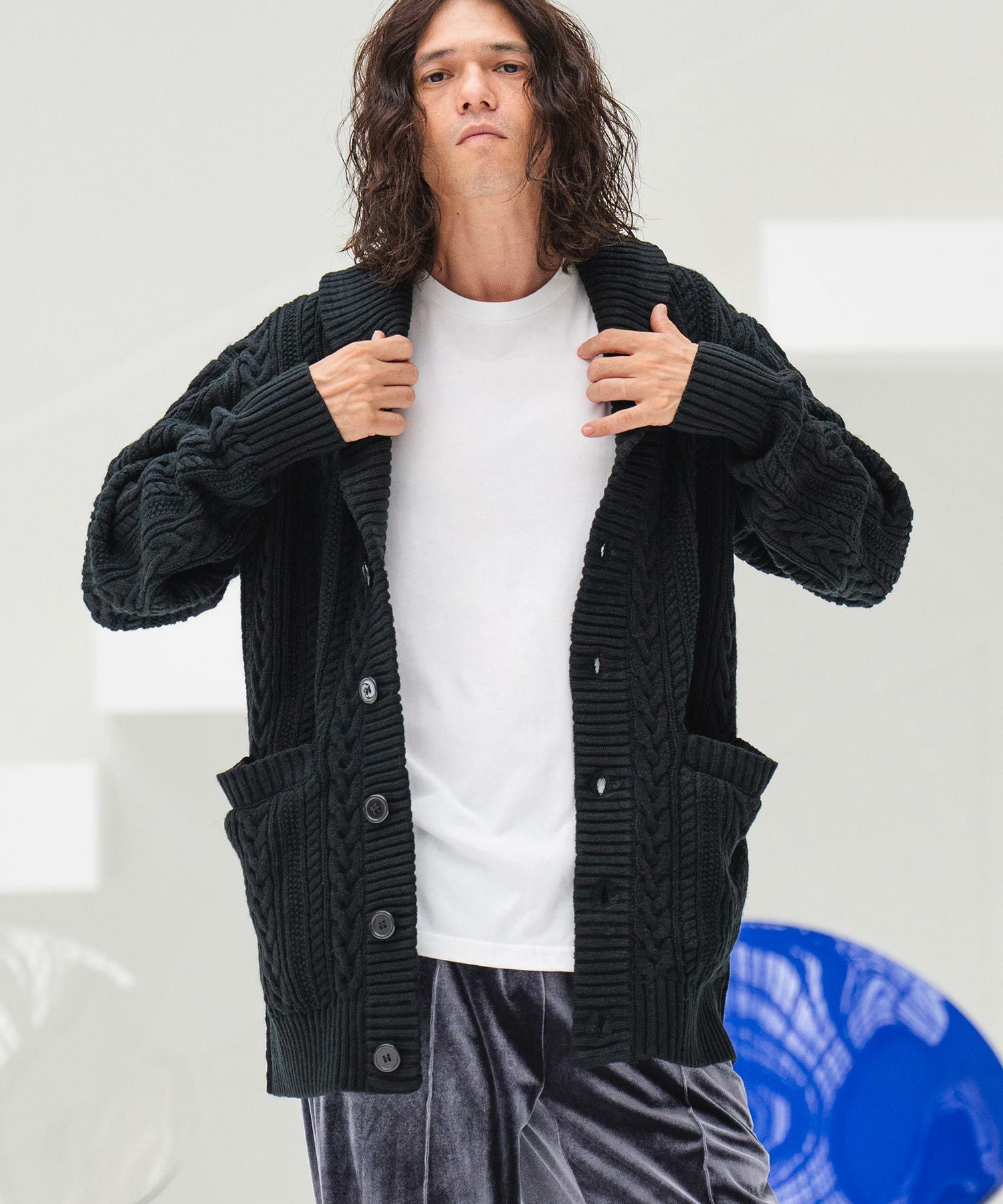 カシミヤ　ウール　ケーブルカーディガン　グレー　ポンチョ風　変形　革ベルト 50%OFF【CAMBIO(カンビオ)】ショールカラーケーブルカーディガン(CMB