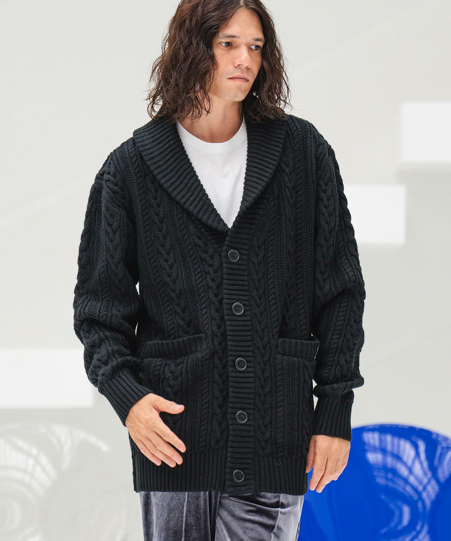 CAMBIOネイビー ケーブル編み ニット　ショールカーディガン 50%OFF【CAMBIO(カンビオ)】ショールカラーケーブルカーディガン(CMB