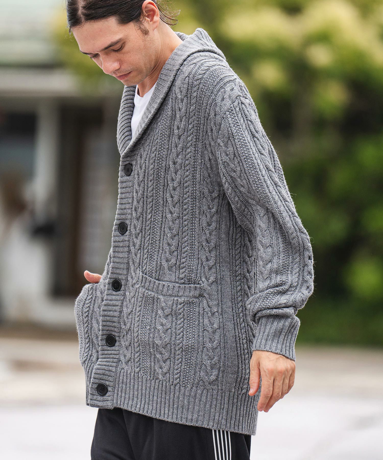 wjk ケーブル編みカーディガン グレー 50%OFF【CAMBIO(カンビオ)】ショールカラーケーブルカーディガン(CMB
