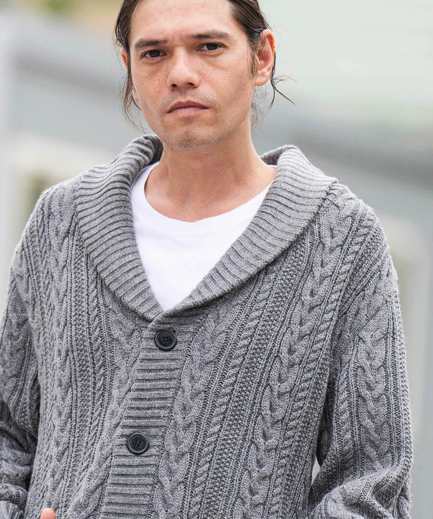 カシミヤ　ウール　ケーブルカーディガン　グレー　ポンチョ風　変形　革ベルト 50%OFF【CAMBIO(カンビオ)】ショールカラーケーブルカーディガン(CMB