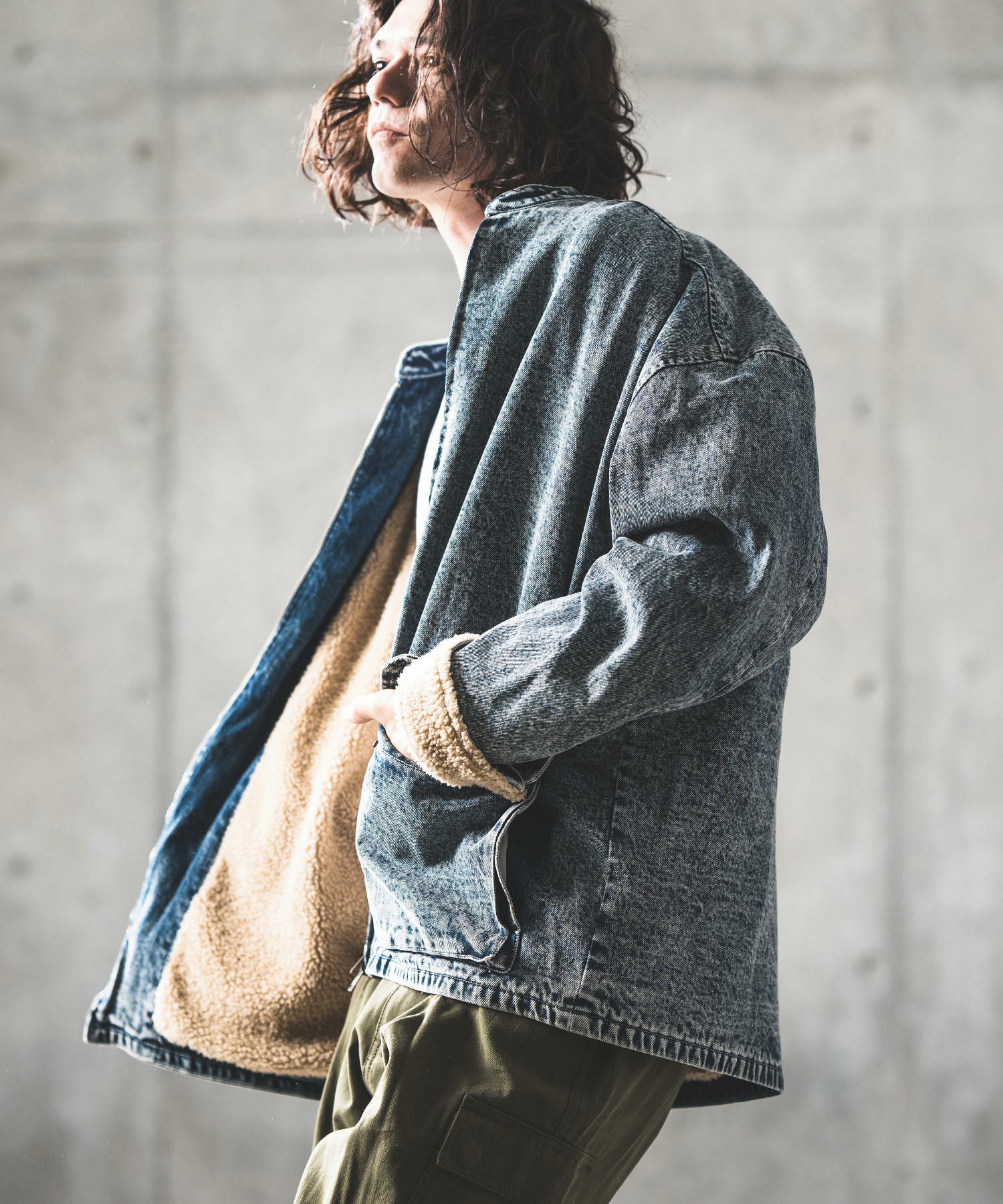 50%OFF【GLIMCLAP(グリムクラップ)】Denim × boa band collar jacket