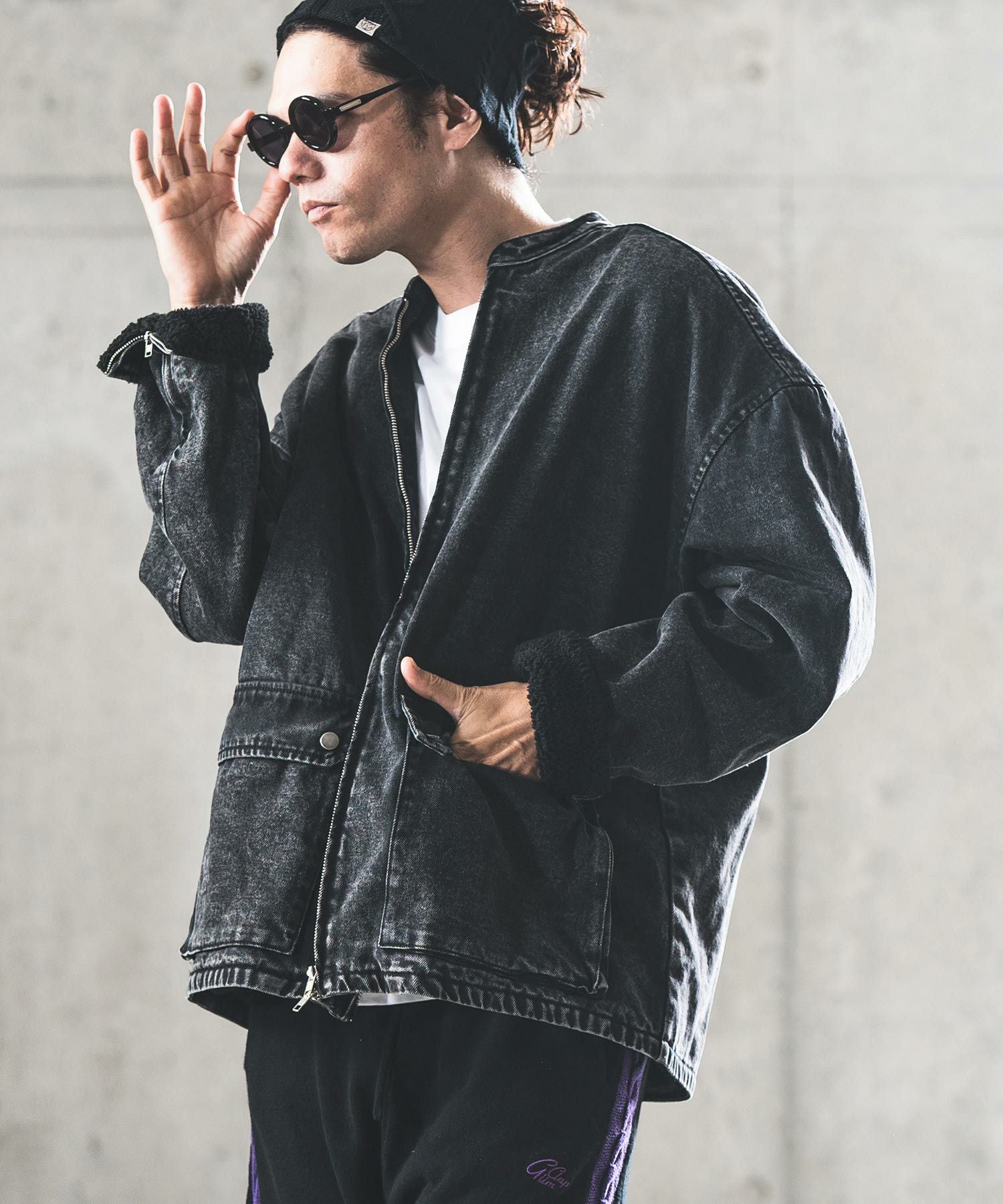 50%OFF【GLIMCLAP(グリムクラップ)】Denim × boa band collar jacket
