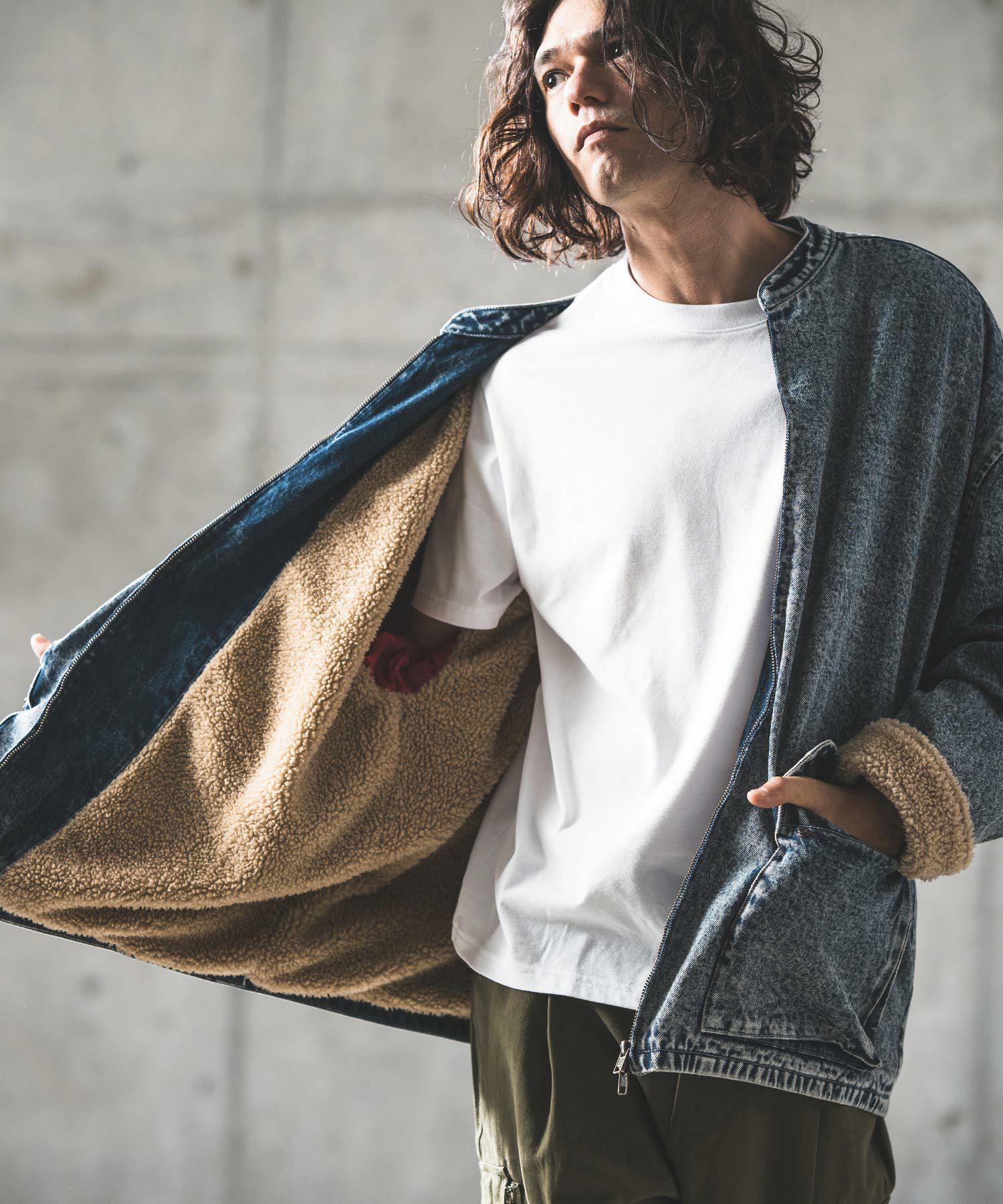 50%OFF【GLIMCLAP(グリムクラップ)】Denim × boa band collar jacket