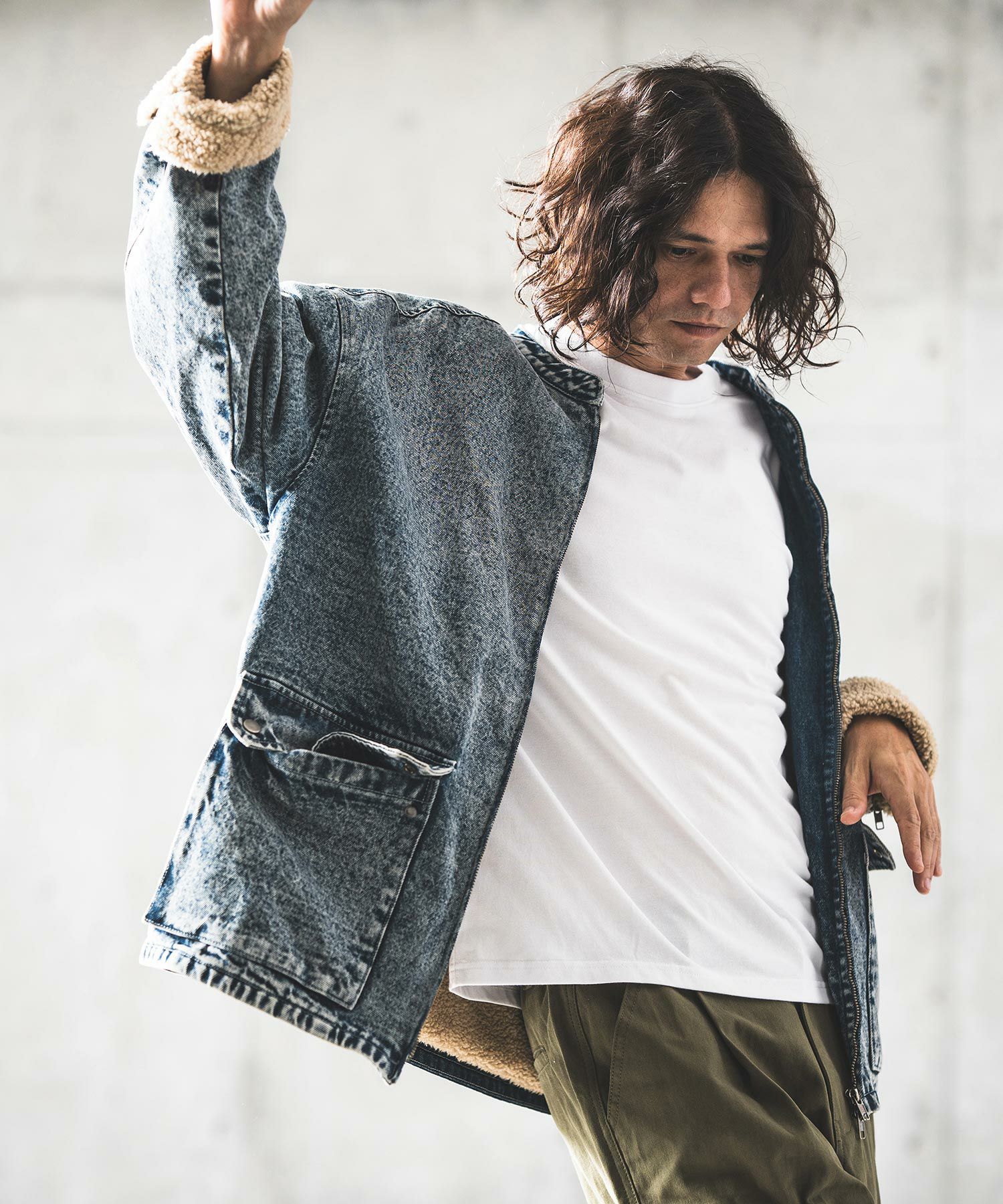50%OFF【GLIMCLAP(グリムクラップ)】Denim × boa band collar jacket
