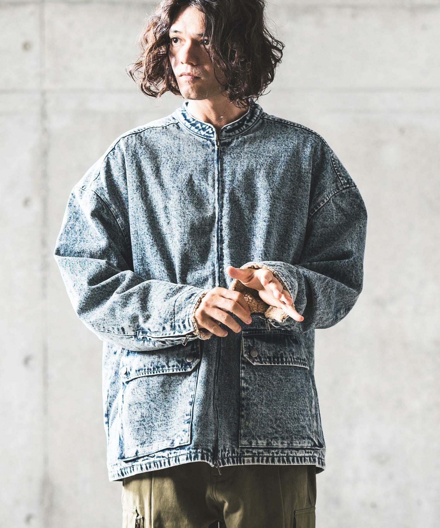 50%OFF【GLIMCLAP(グリムクラップ)】Denim × boa band collar jacket