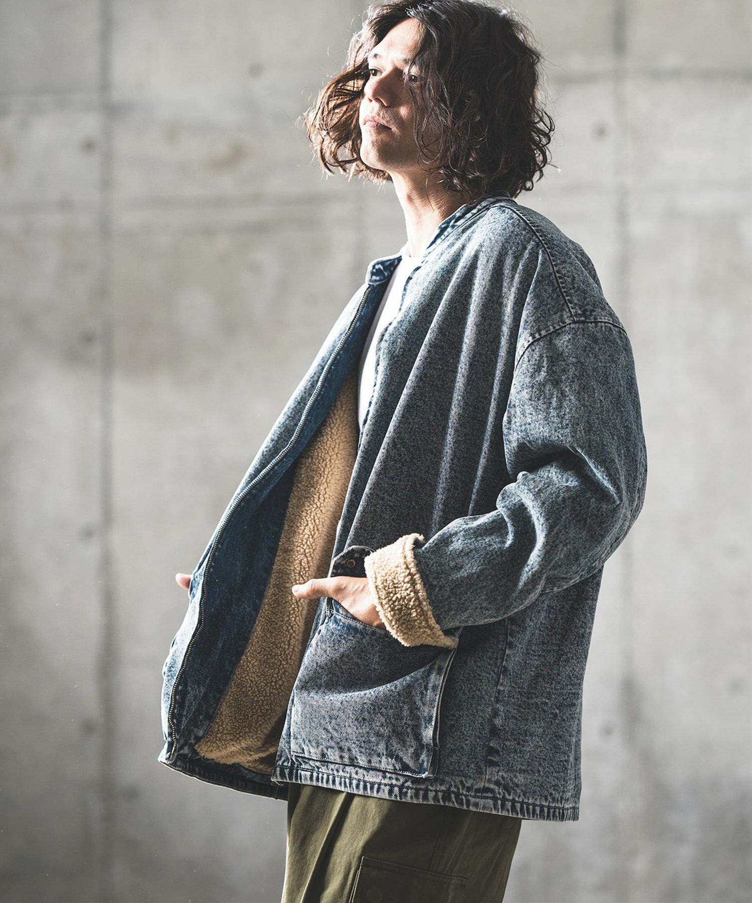 50%OFF【GLIMCLAP(グリムクラップ)】Denim × boa band collar jacket