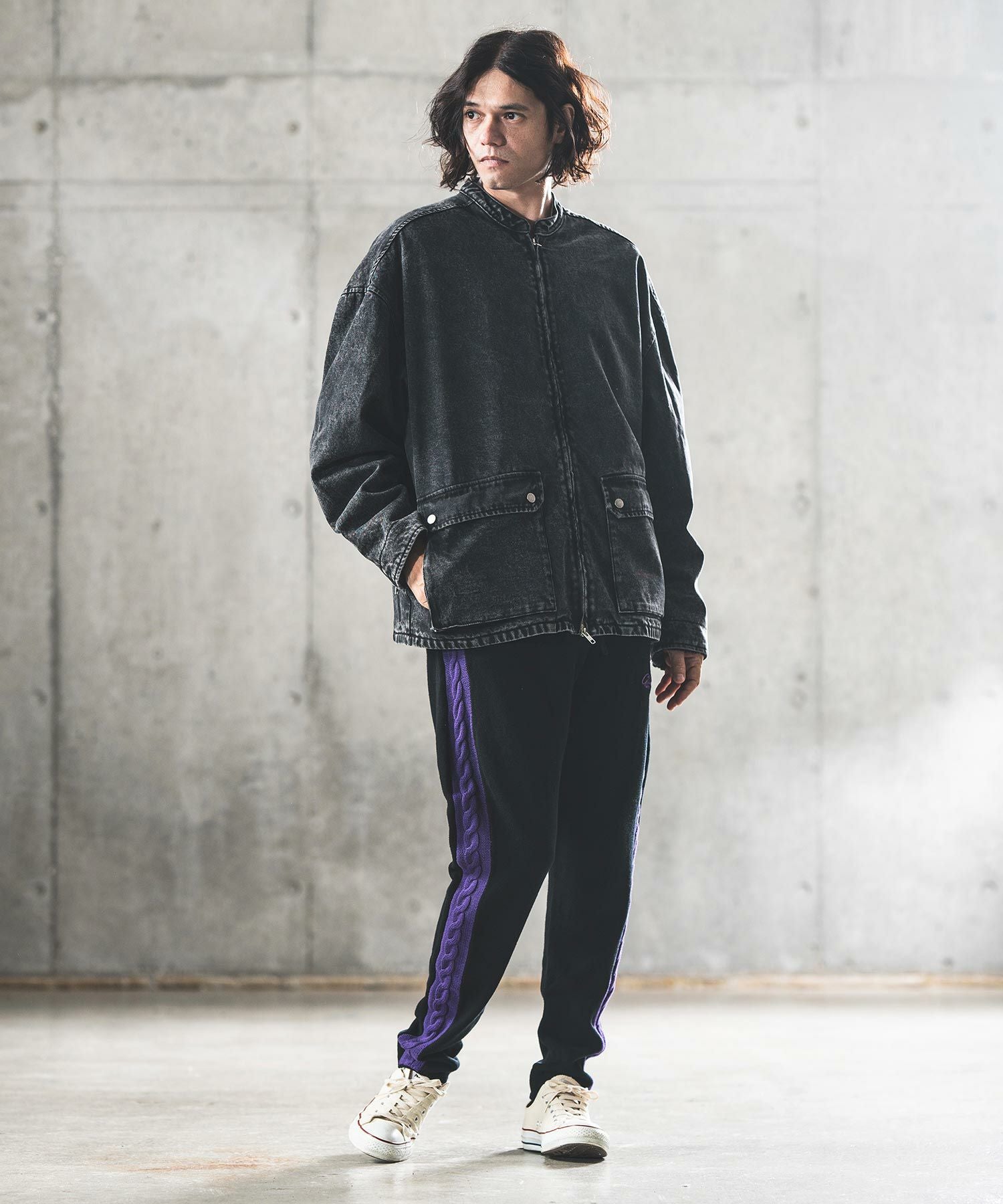 50%OFF【GLIMCLAP(グリムクラップ)】Denim × boa band collar jacket