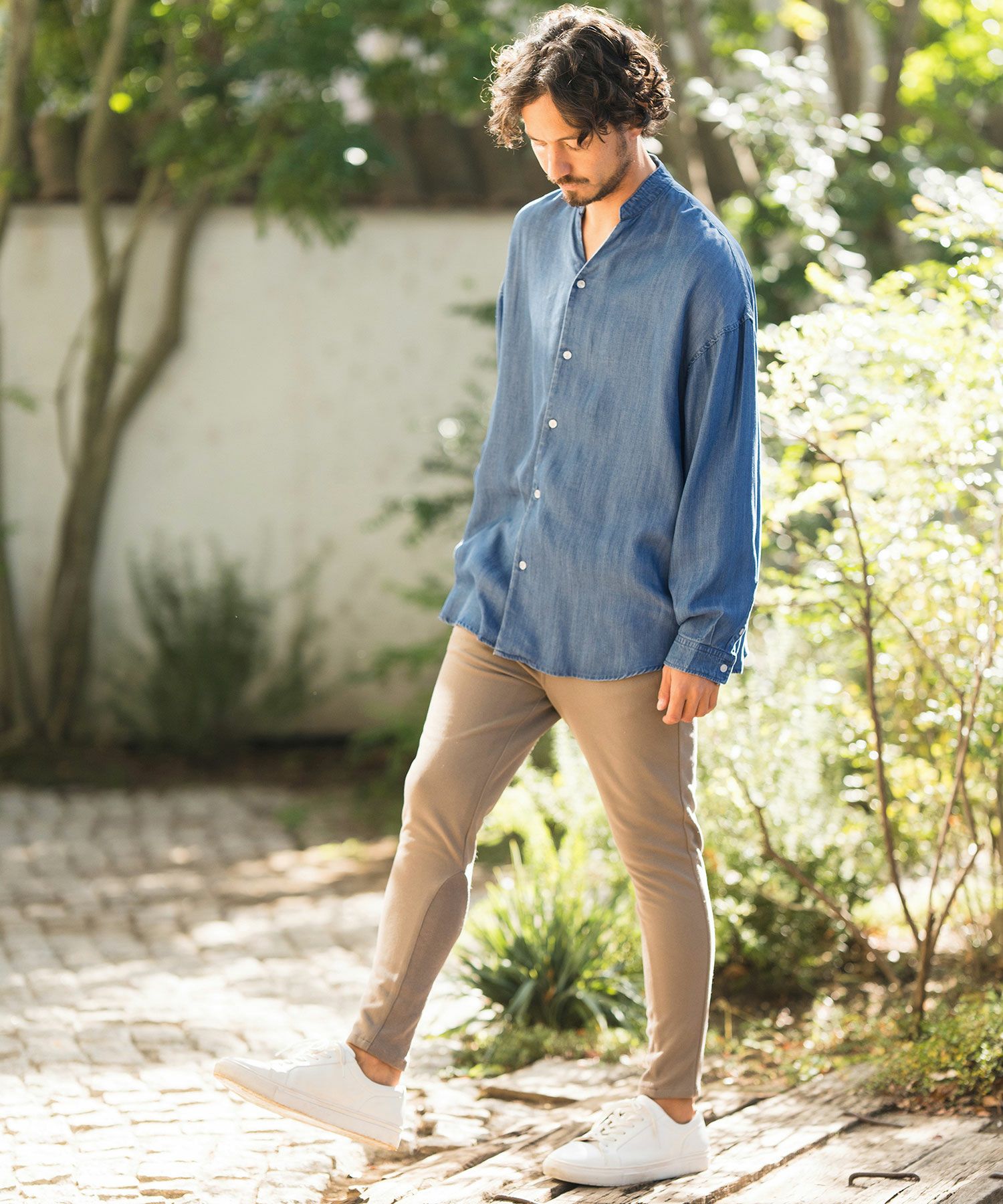 30%OFF【CAMBIO(カンビオ)】Silky Denim Band Collar Skipper Shirts
