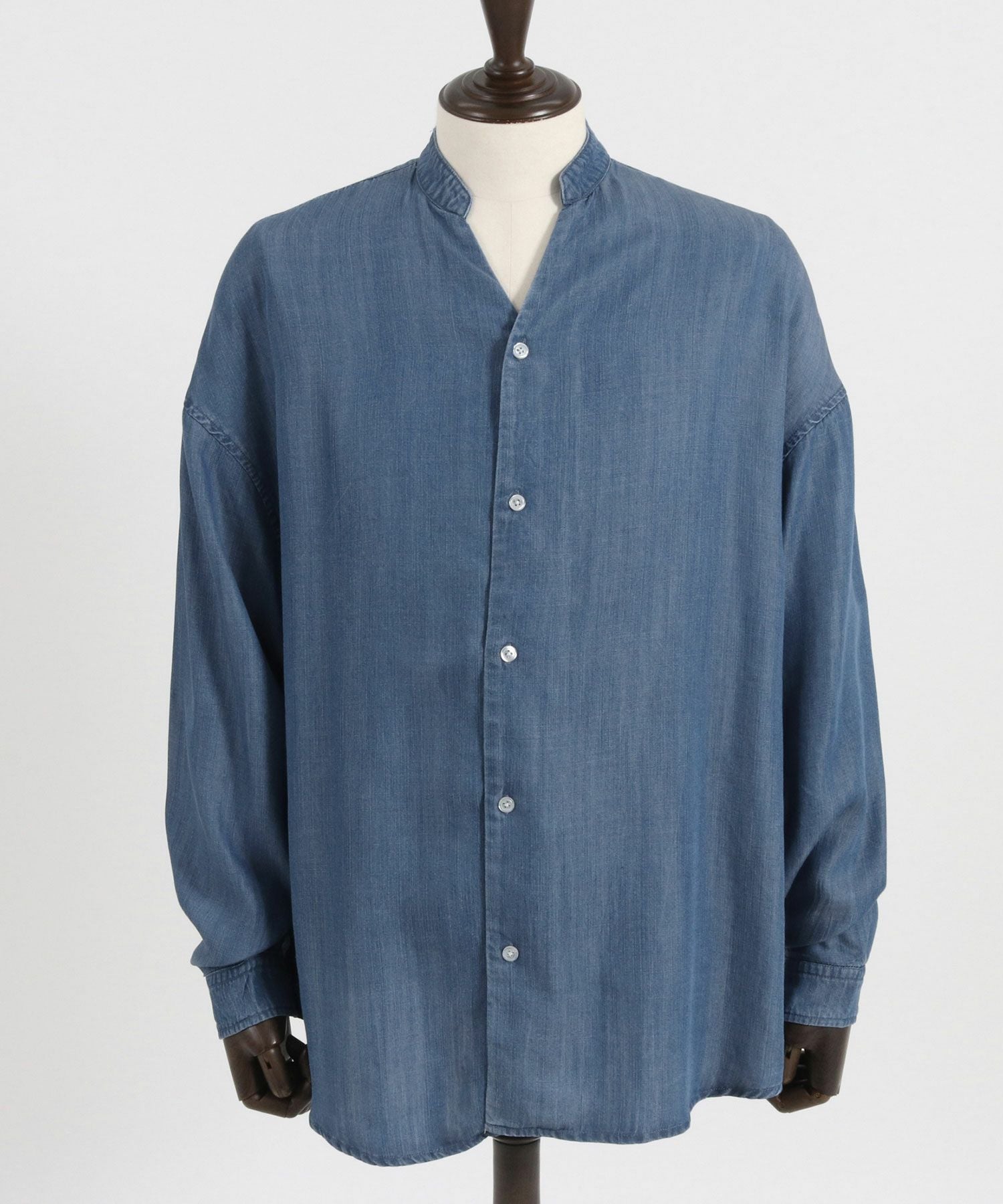 30%OFF【CAMBIO(カンビオ)】Silky Denim Band Collar Skipper Shirts