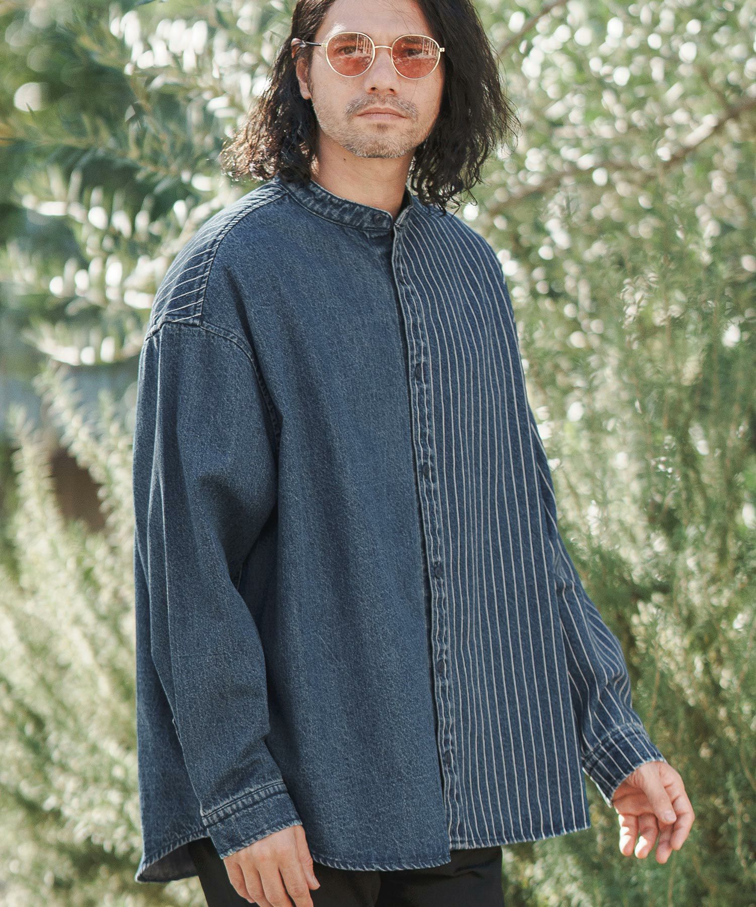50%OFF【CAMBIO(カンビオ)】 Stripe Switch Band Collar Denim Shirts