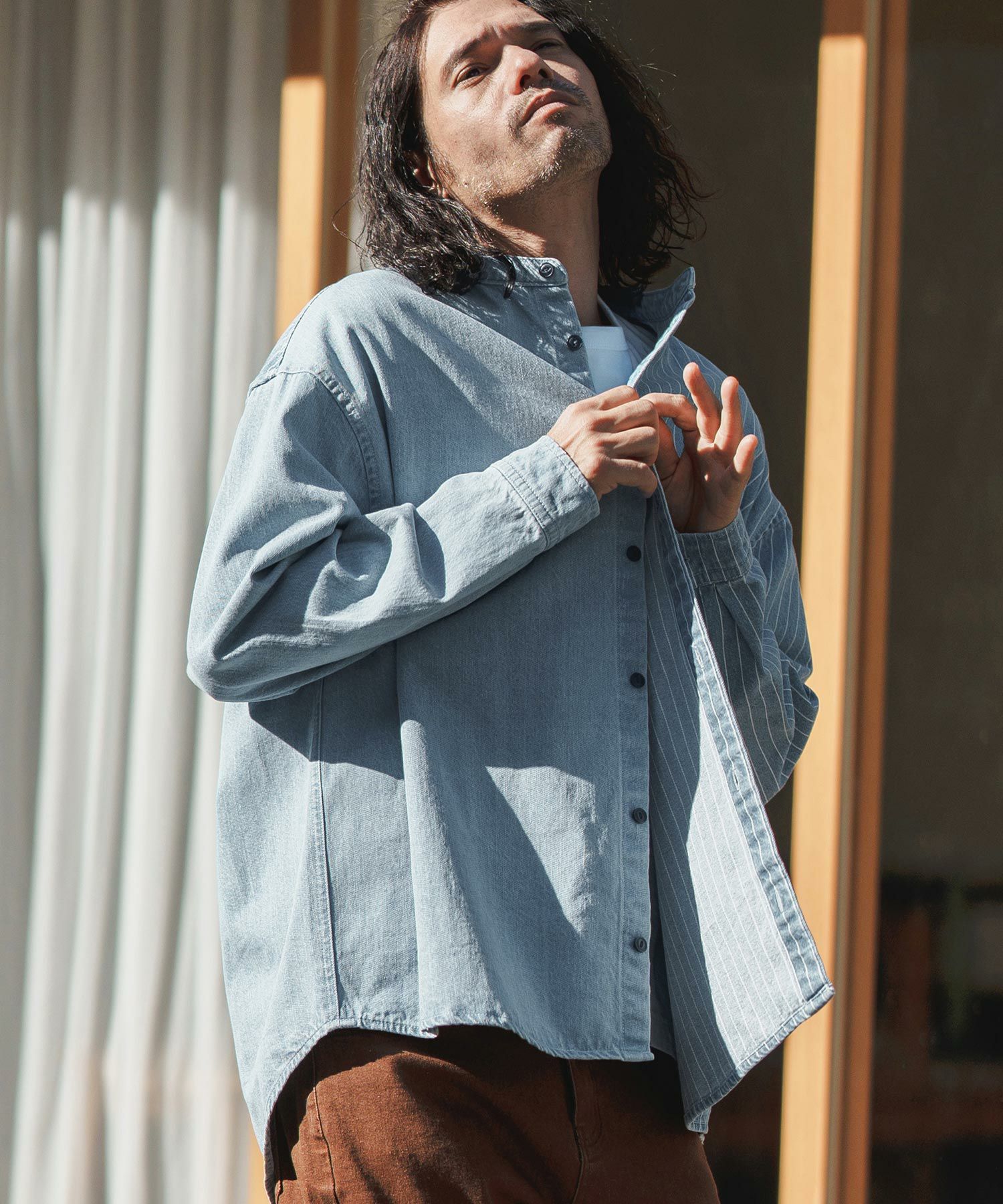 50%OFF【CAMBIO(カンビオ)】 Stripe Switch Band Collar Denim Shirts