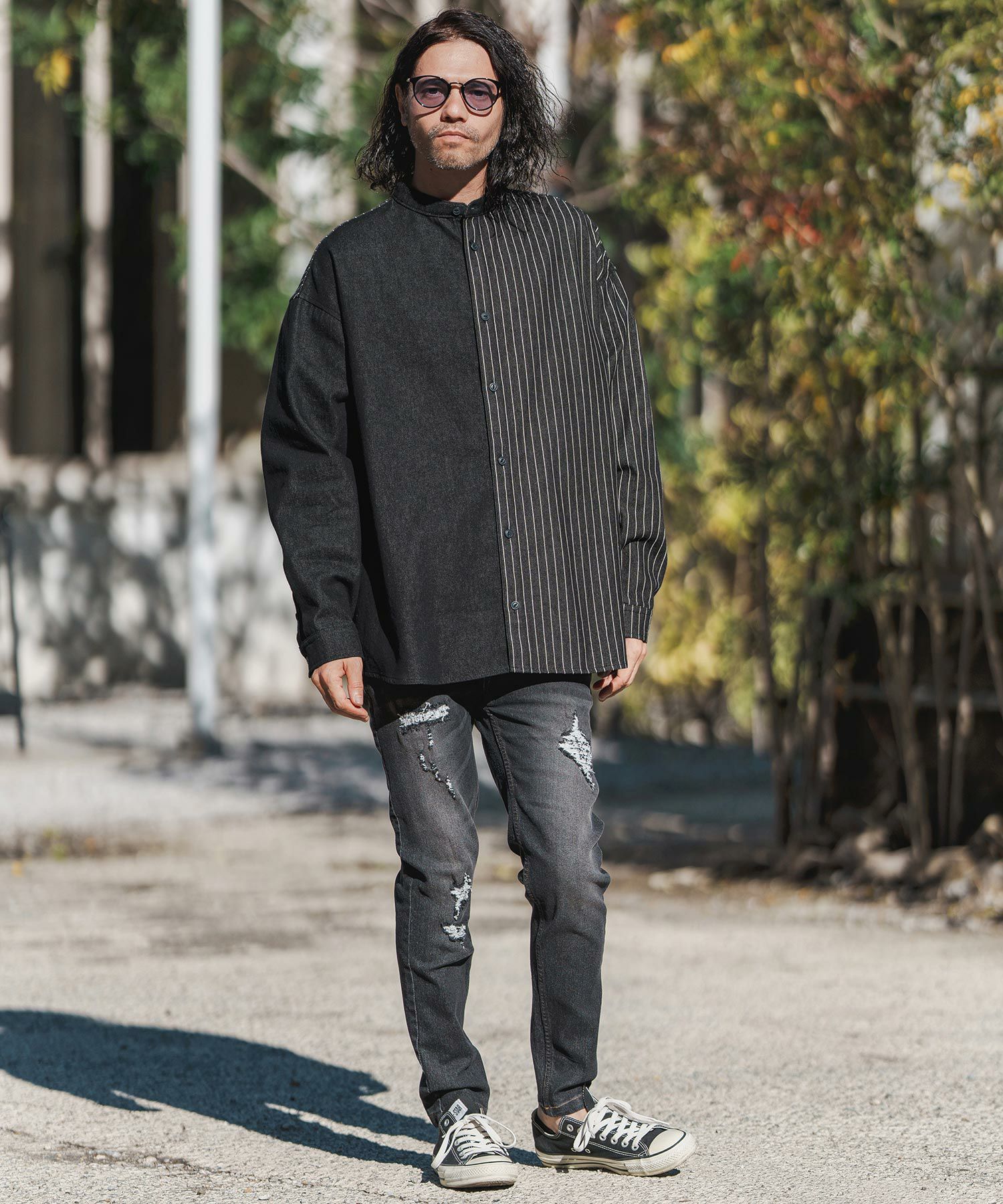 50%OFF【CAMBIO(カンビオ)】 Stripe Switch Band Collar Denim Shirts