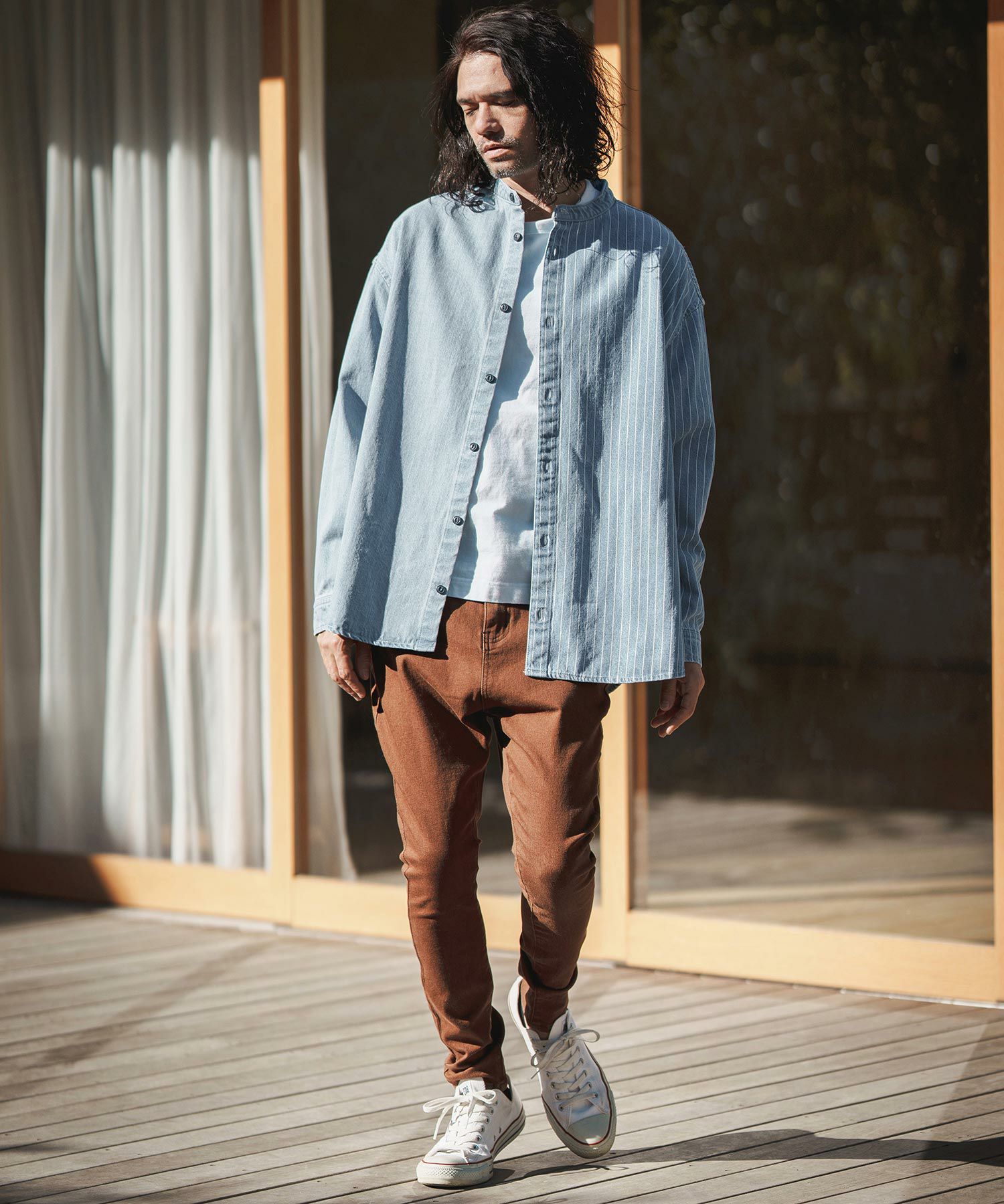50%OFF【CAMBIO(カンビオ)】 Stripe Switch Band Collar Denim Shirts