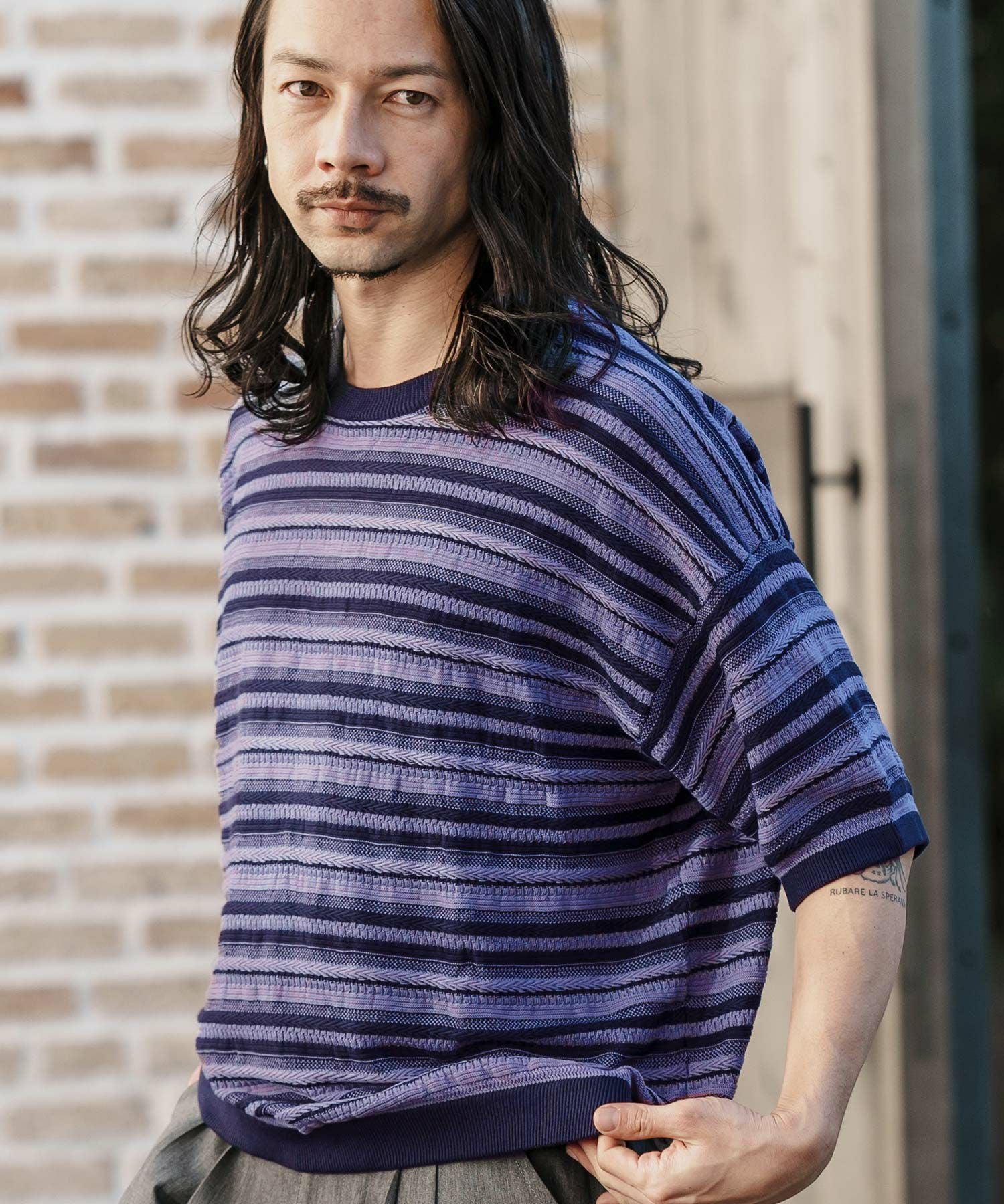 60%OFF【CAMBIO(カンビオ)】Random Border Short Sleeve Knit Pullover