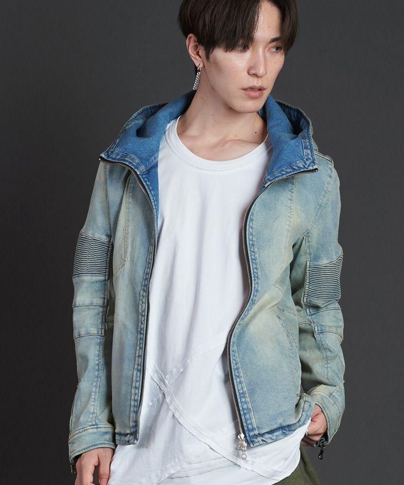 未使用に近い　NOID.　デニムスウェットフーデッドジャケット　USED加工　Ｍ 50%OFF【NO ID.(ノーアイディー)】ｱﾙﾃｨﾒｯﾄｽﾄﾚｯﾁﾃﾞﾆﾑﾌｰﾃﾞｯﾄﾞBLZ デニム