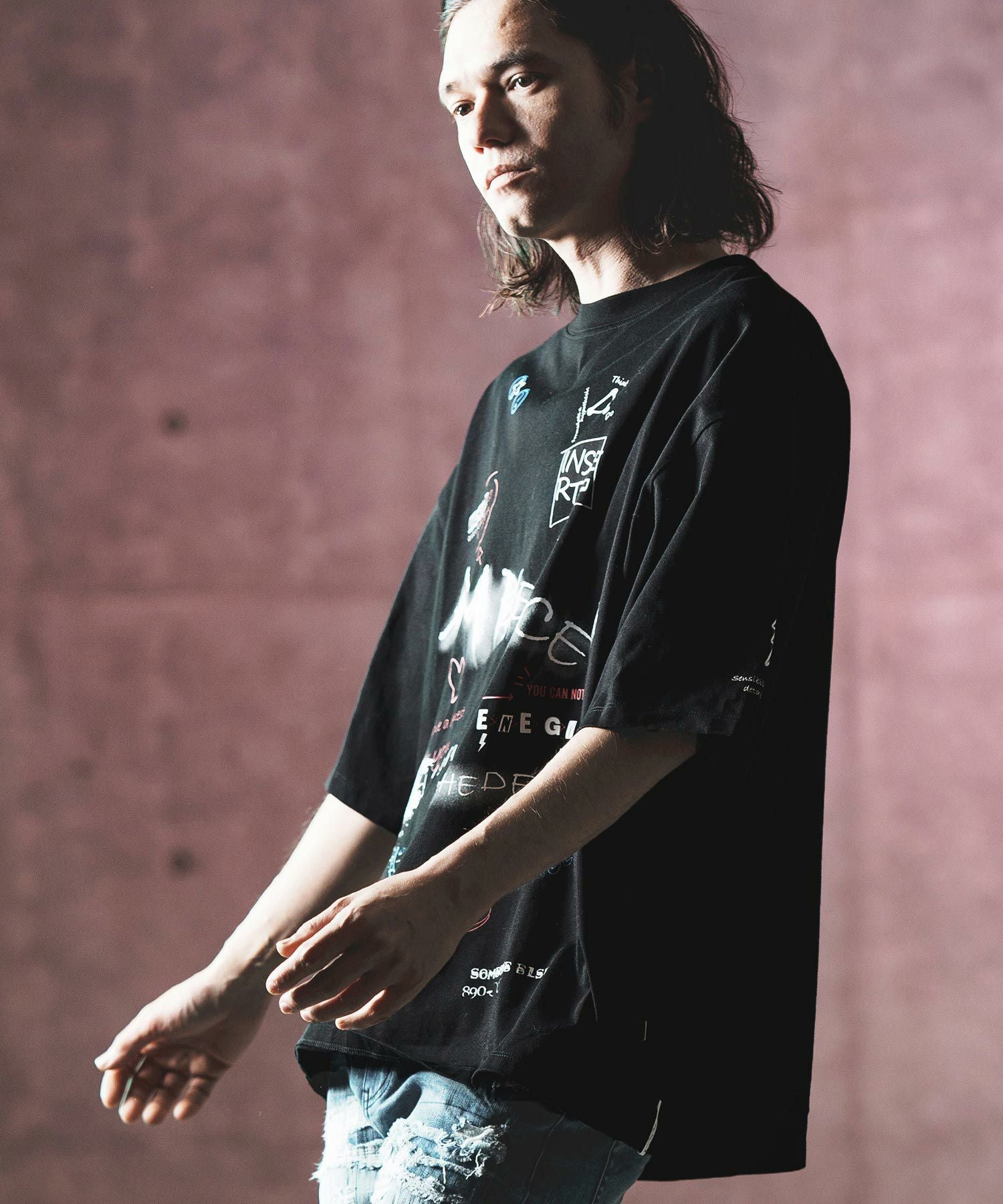 GLIMCLAP(グリムクラップ)】 Printed oversized T-shirt-Handwriting