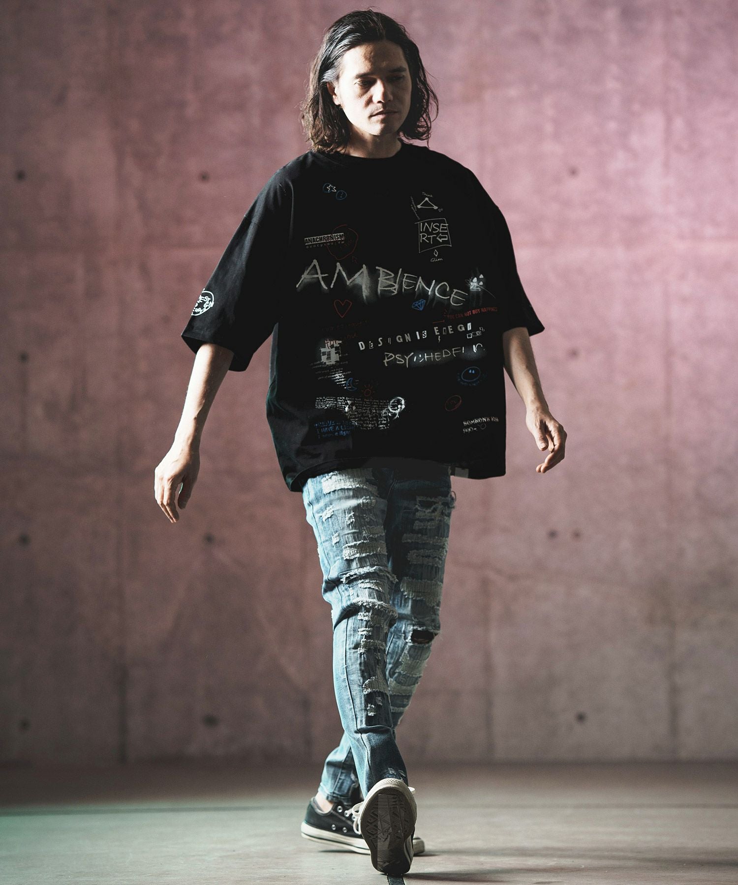 GLIMCLAP(グリムクラップ)】 Printed oversized T-shirt-Handwriting