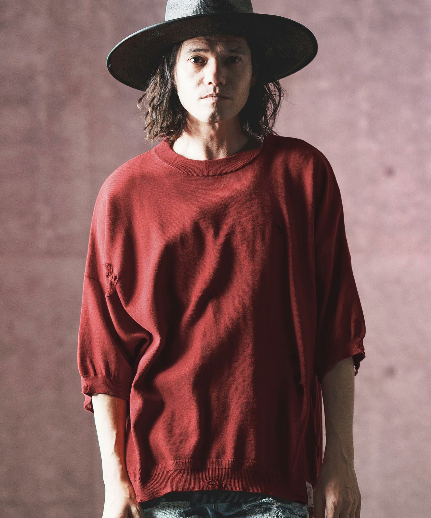 50%OFF【GLIMCLAP(グリムクラップ)】Distressed short-sleeve sweater