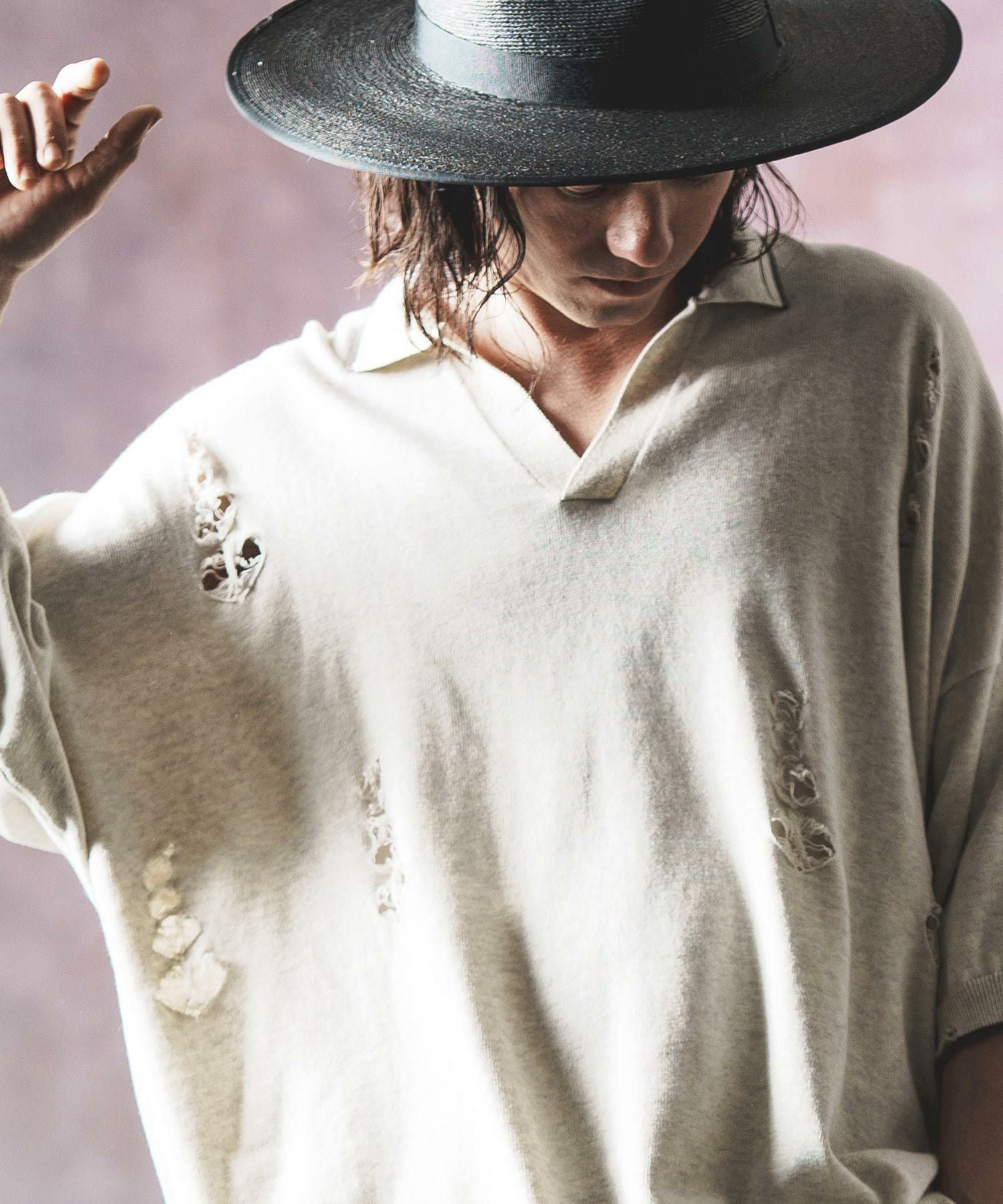 50%OFF【GLIMCLAP(グリムクラップ)】distressed short-sleeve polo