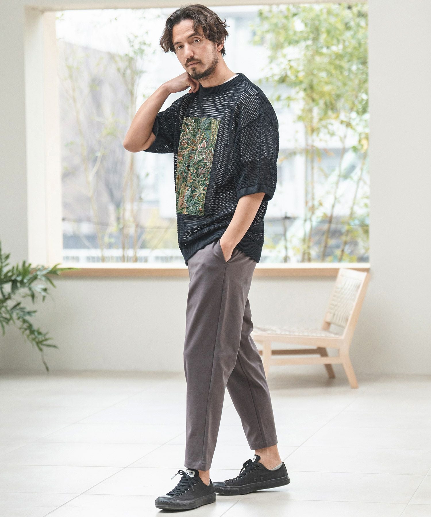 60%OFF【CAMBIO(カンビオ)】ボタニカル柄メッシュニットT(CA-24-02