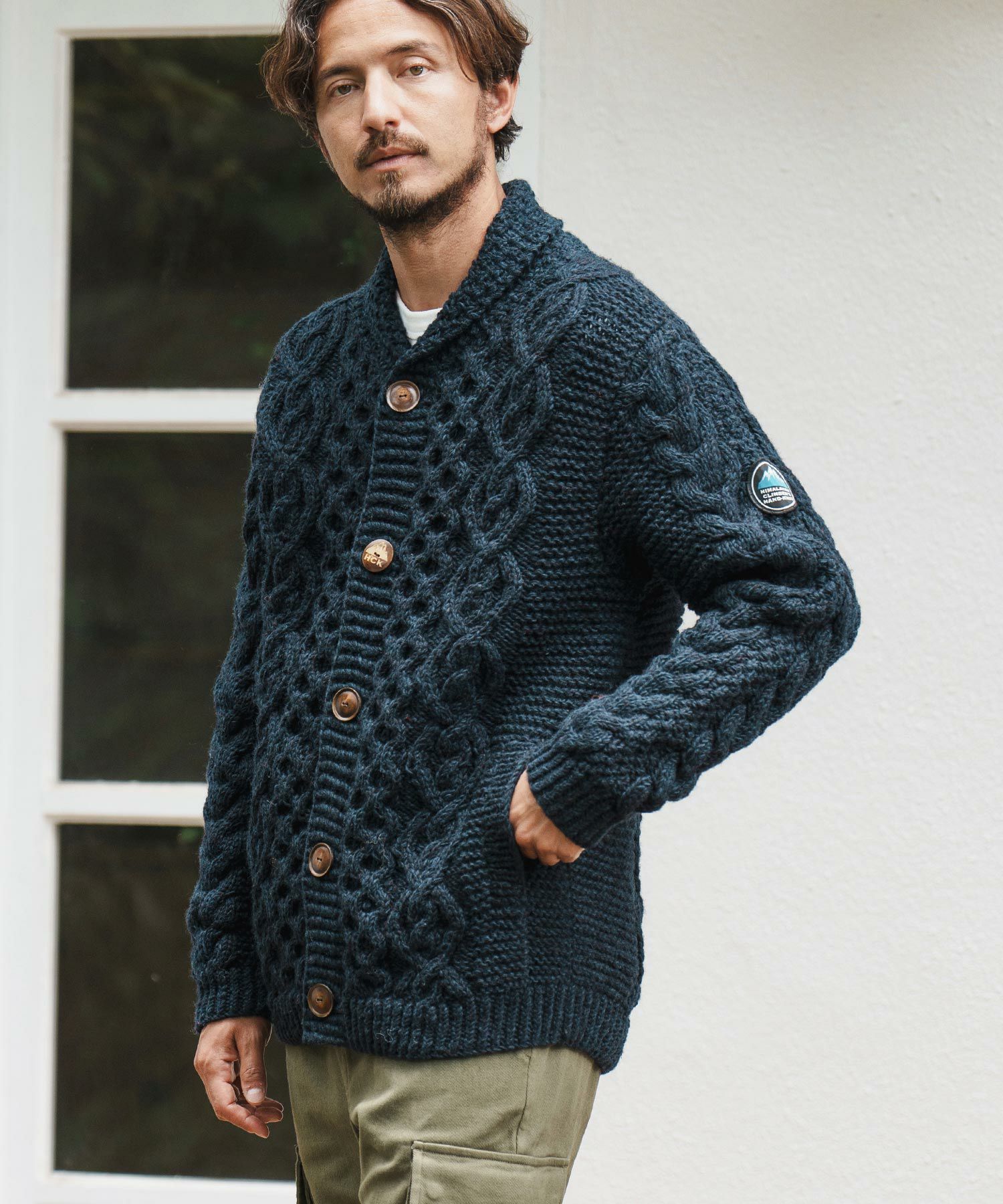 CAMBIOネイビー ケーブル編み ニット　ショールカーディガン CAMBIO(カンビオ)】【HIMALAYAN CLIMBERS HAND-KNIT】手編みショール