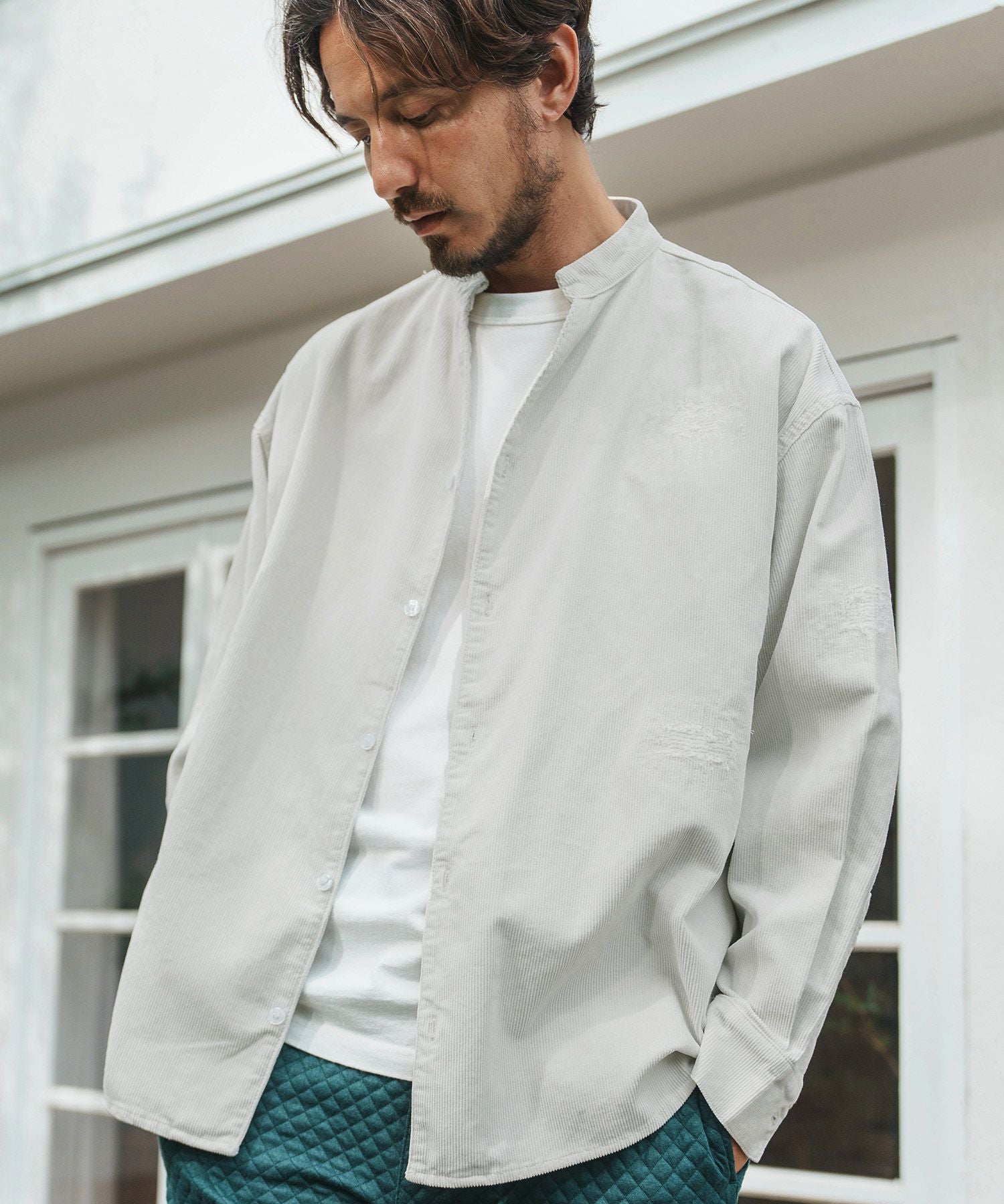 50%OFF【CAMBIO(カンビオ)】Corduroy Distressed Band Collar Shirts