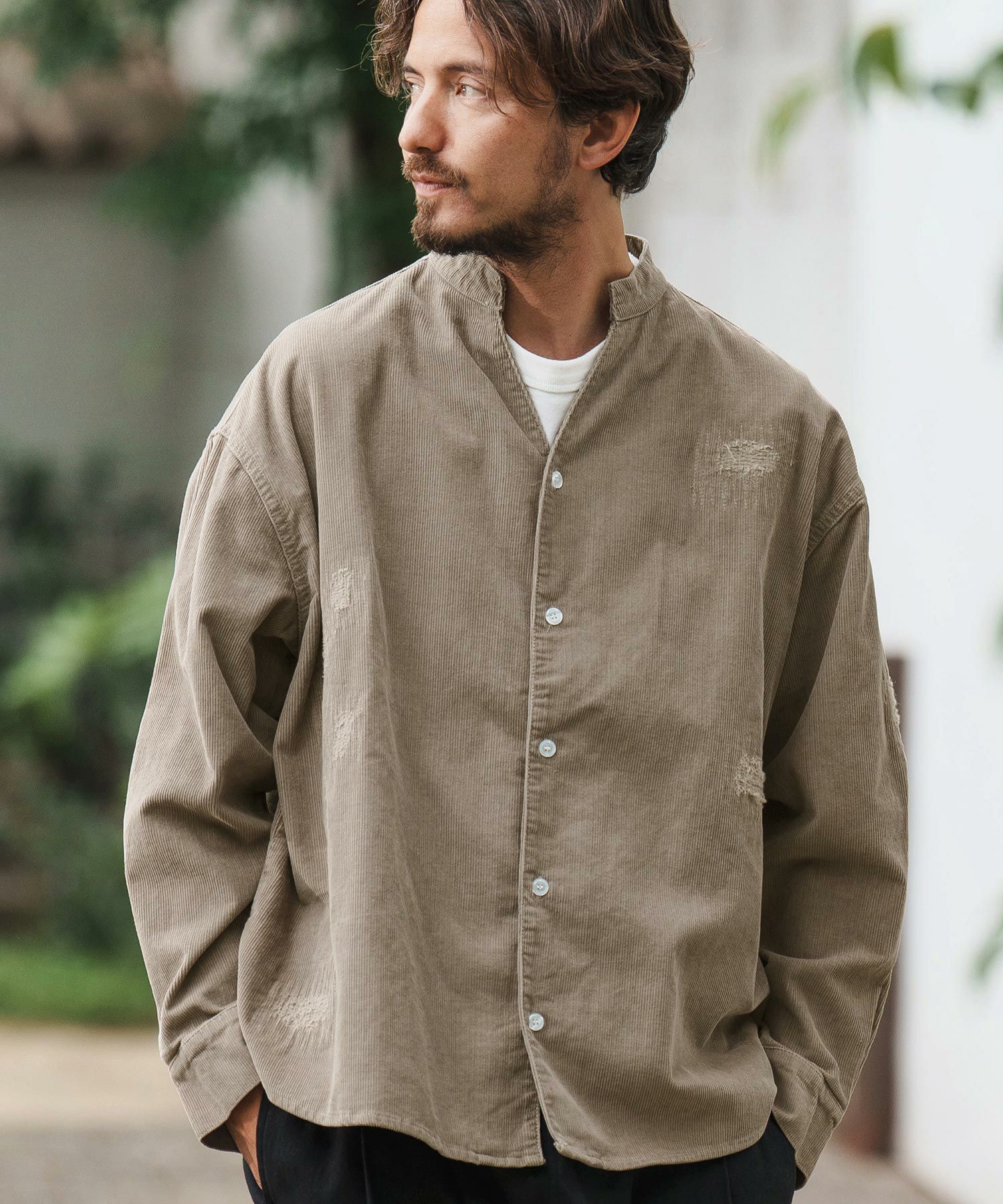 50%OFF【CAMBIO(カンビオ)】Corduroy Distressed Band Collar Shirts