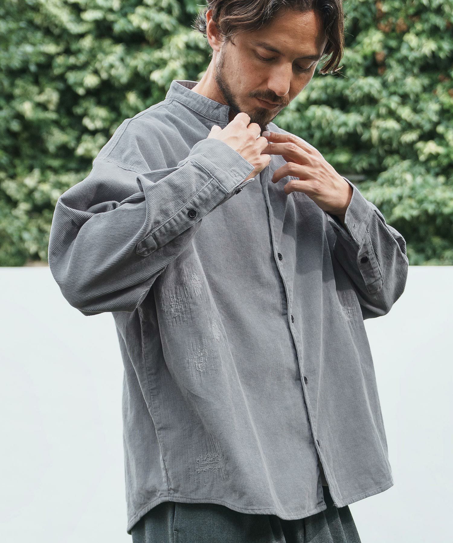 50%OFF【CAMBIO(カンビオ)】Corduroy Distressed Band Collar Shirts