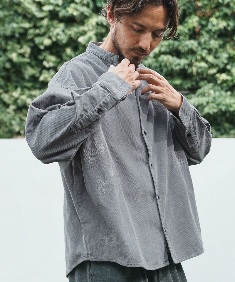 50%OFF【CAMBIO(カンビオ)】Corduroy Distressed Band Collar Shirts 