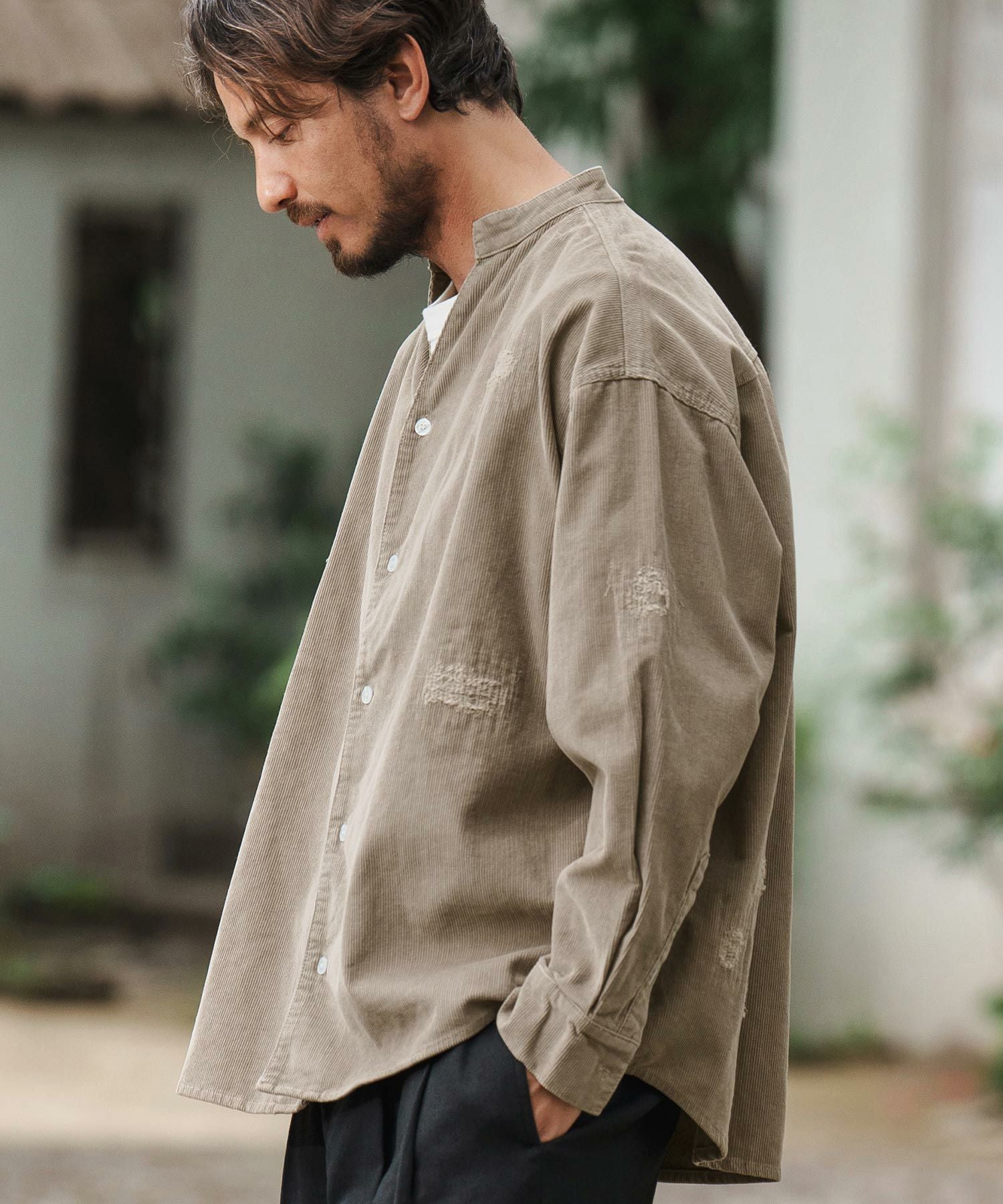 50%OFF【CAMBIO(カンビオ)】Corduroy Distressed Band Collar Shirts