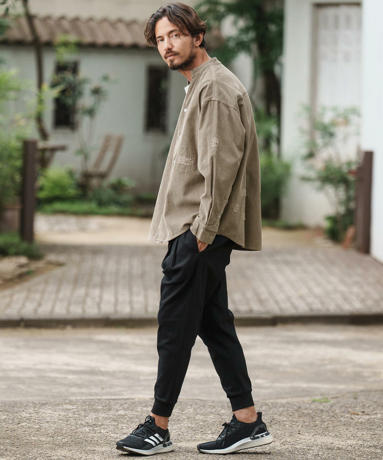 50%OFF【CAMBIO(カンビオ)】Corduroy Distressed Band Collar Shirts