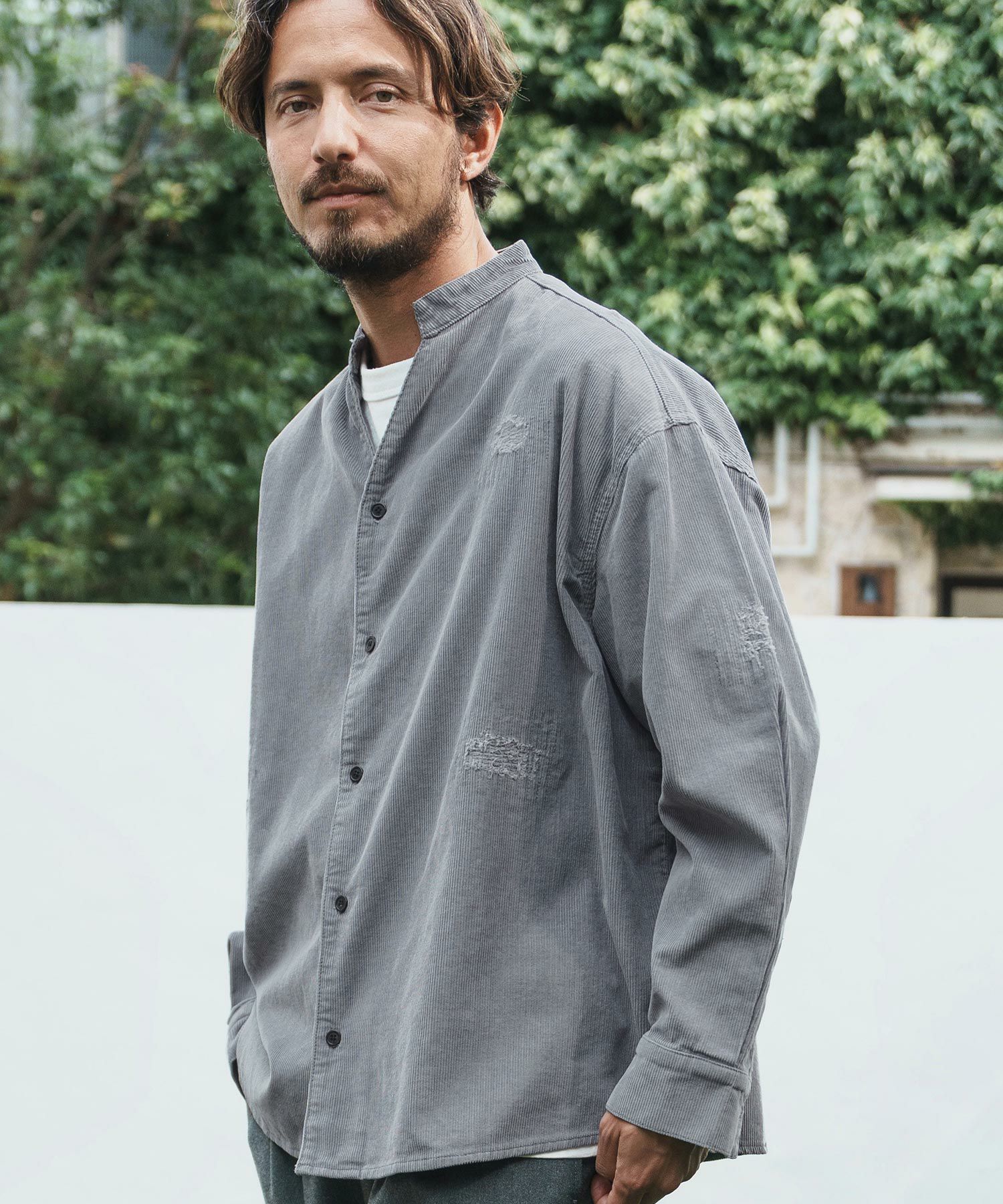 50%OFF【CAMBIO(カンビオ)】Corduroy Distressed Band Collar Shirts