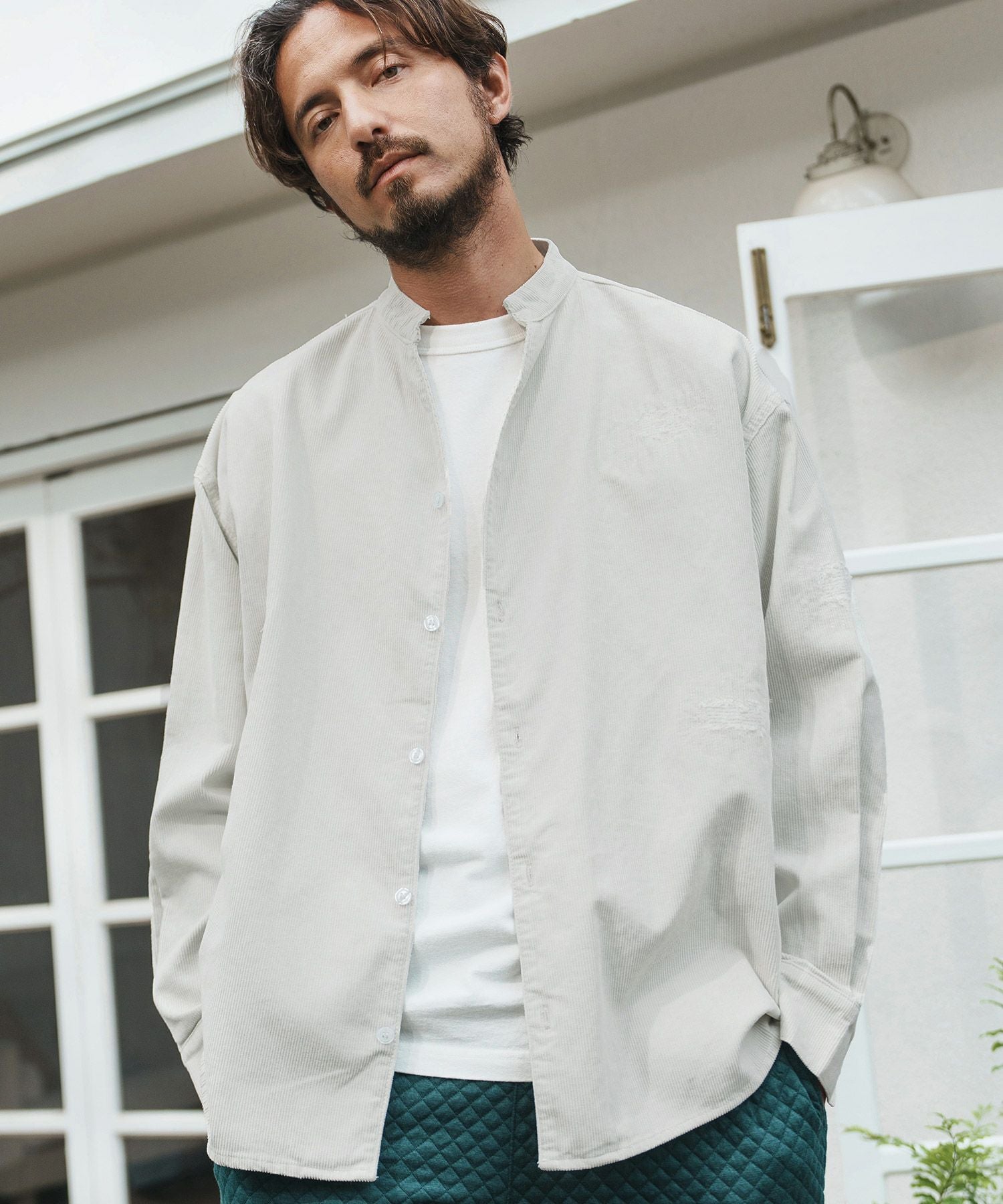 50%OFF【CAMBIO(カンビオ)】Corduroy Distressed Band Collar Shirts
