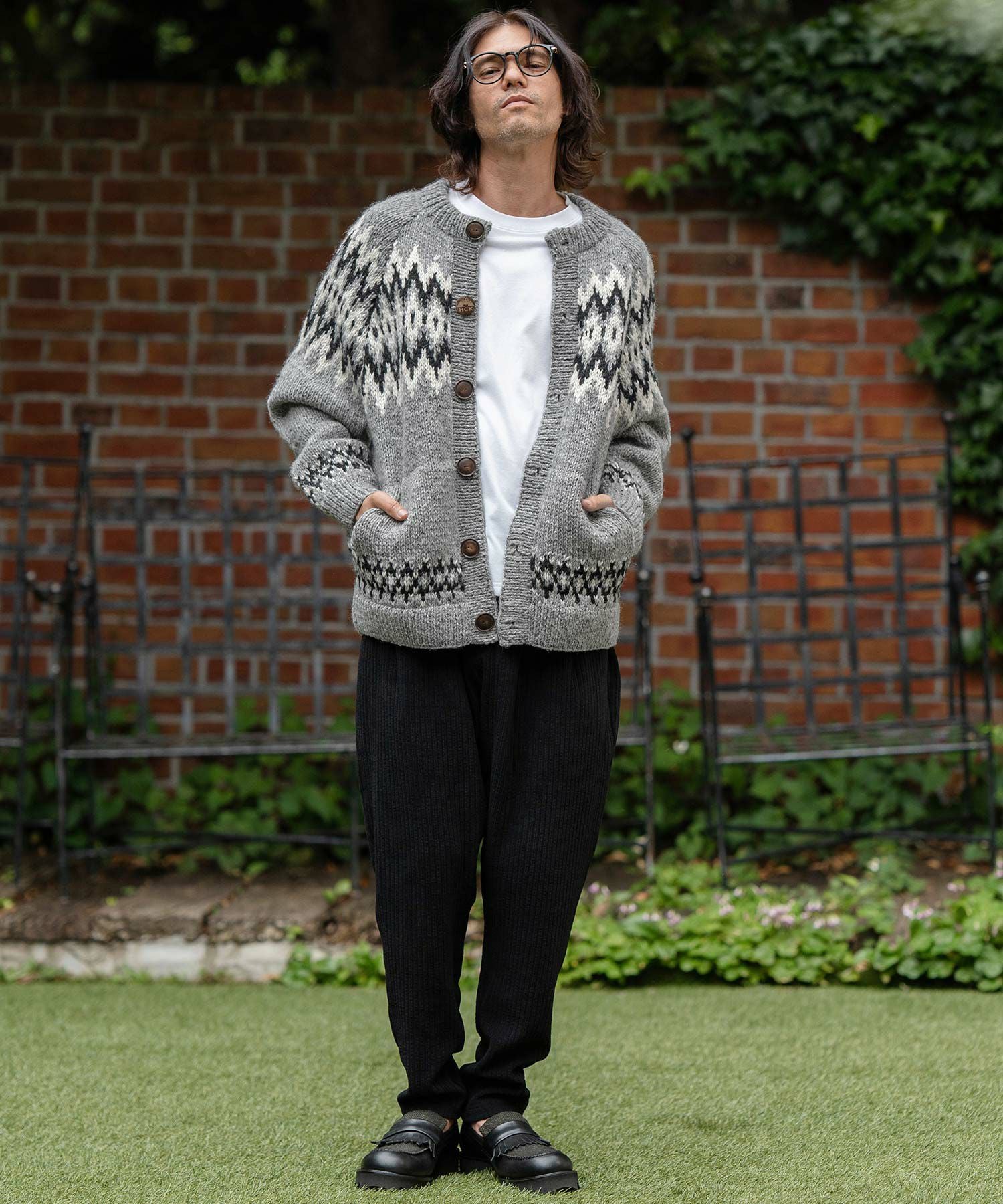 GO HEMP 麻柄 カーディガン　サイズ2 ジャガード CAMBIO(カンビオ)】【HIMALAYAN CLIMBERS HAND-KNIT】手編みジャガード