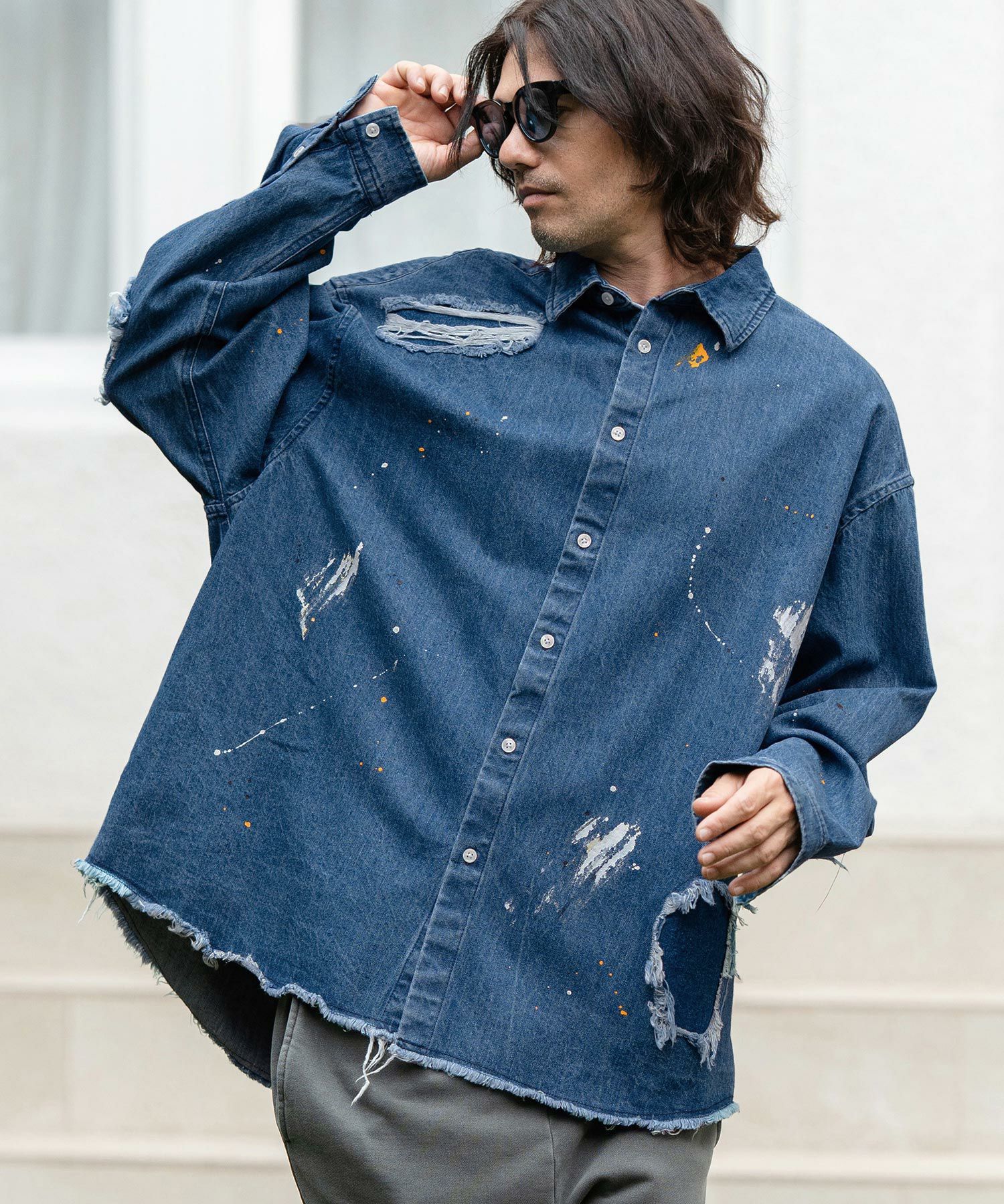 デニムパンツandシャツ 50%OFF【CAMBIO(カンビオ)】Distressed Paint Denim Shirts デニム