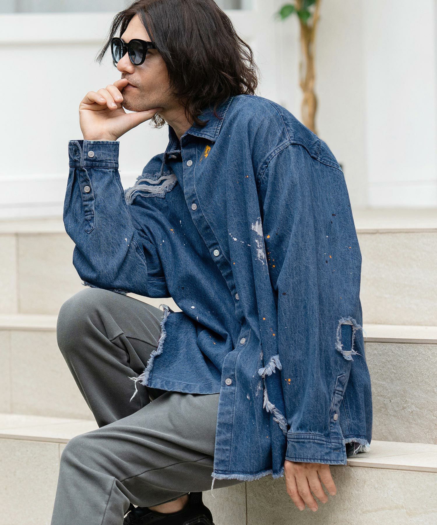JIMWAGTシャツ 50%OFF【CAMBIO(カンビオ)】Distressed Paint Denim Shirts デニム