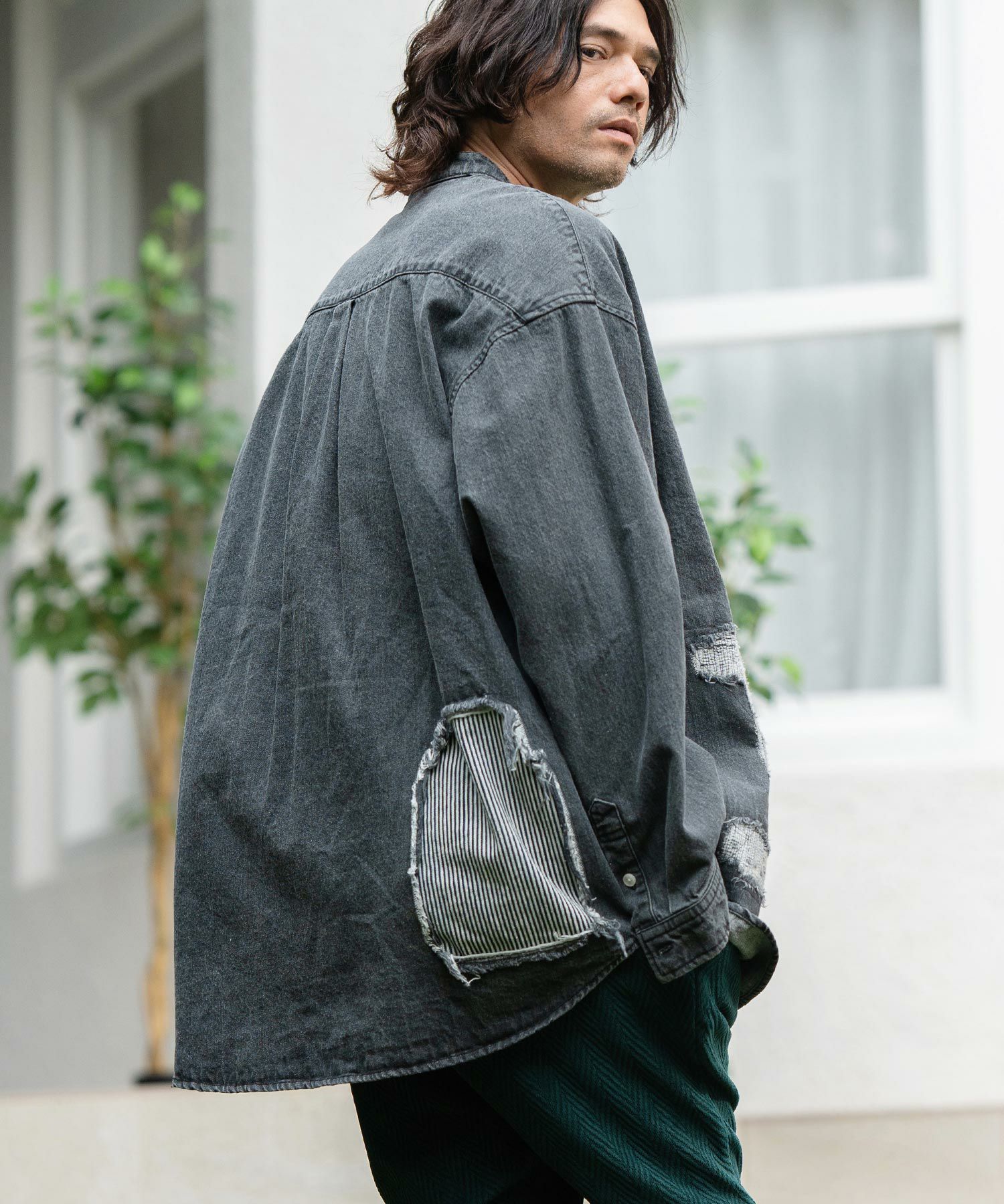 50%OFF【CAMBIO(カンビオ)】Distressed Hickory Repair Denim Shirts