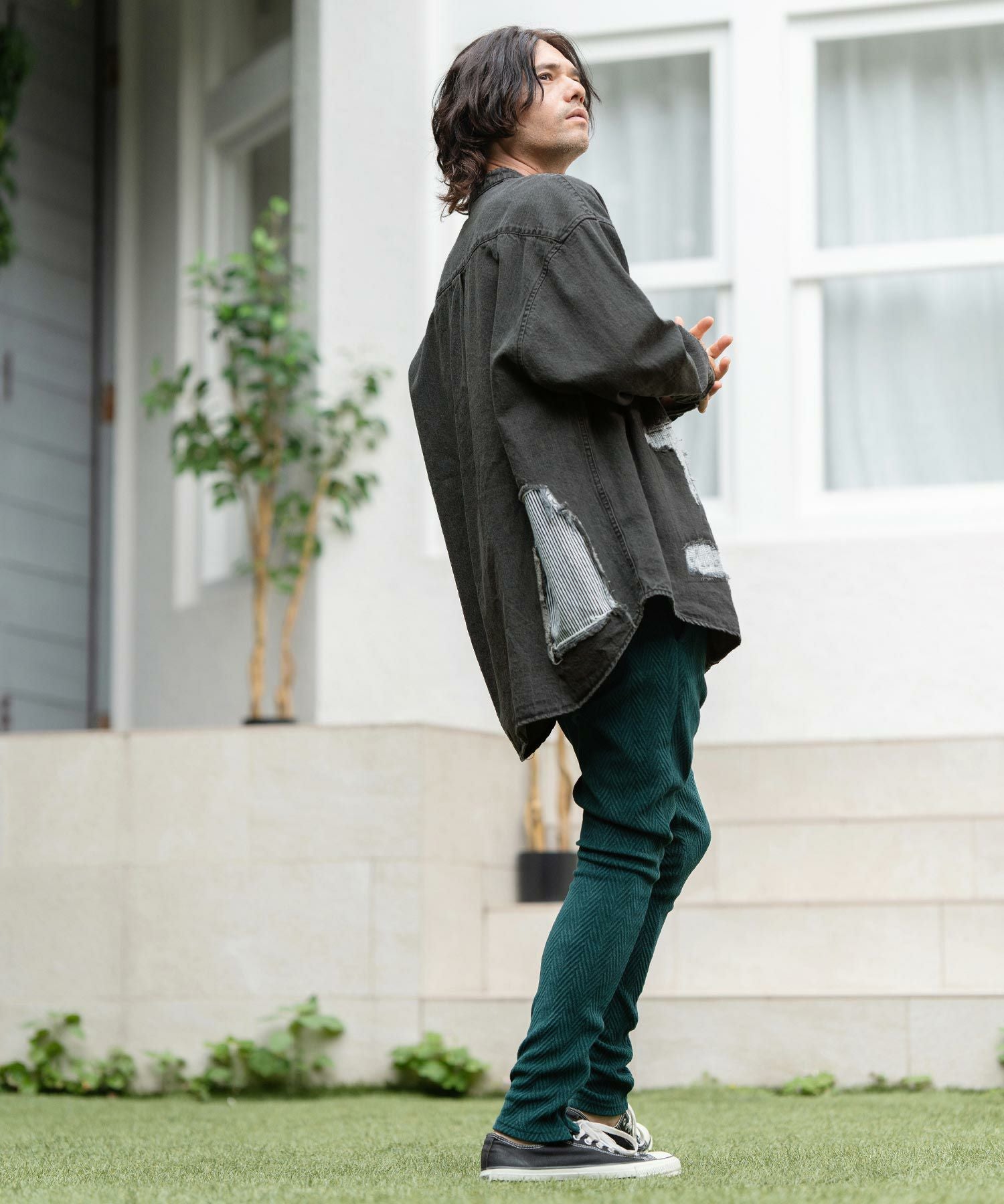 50%OFF【CAMBIO(カンビオ)】Distressed Hickory Repair Denim Shirts