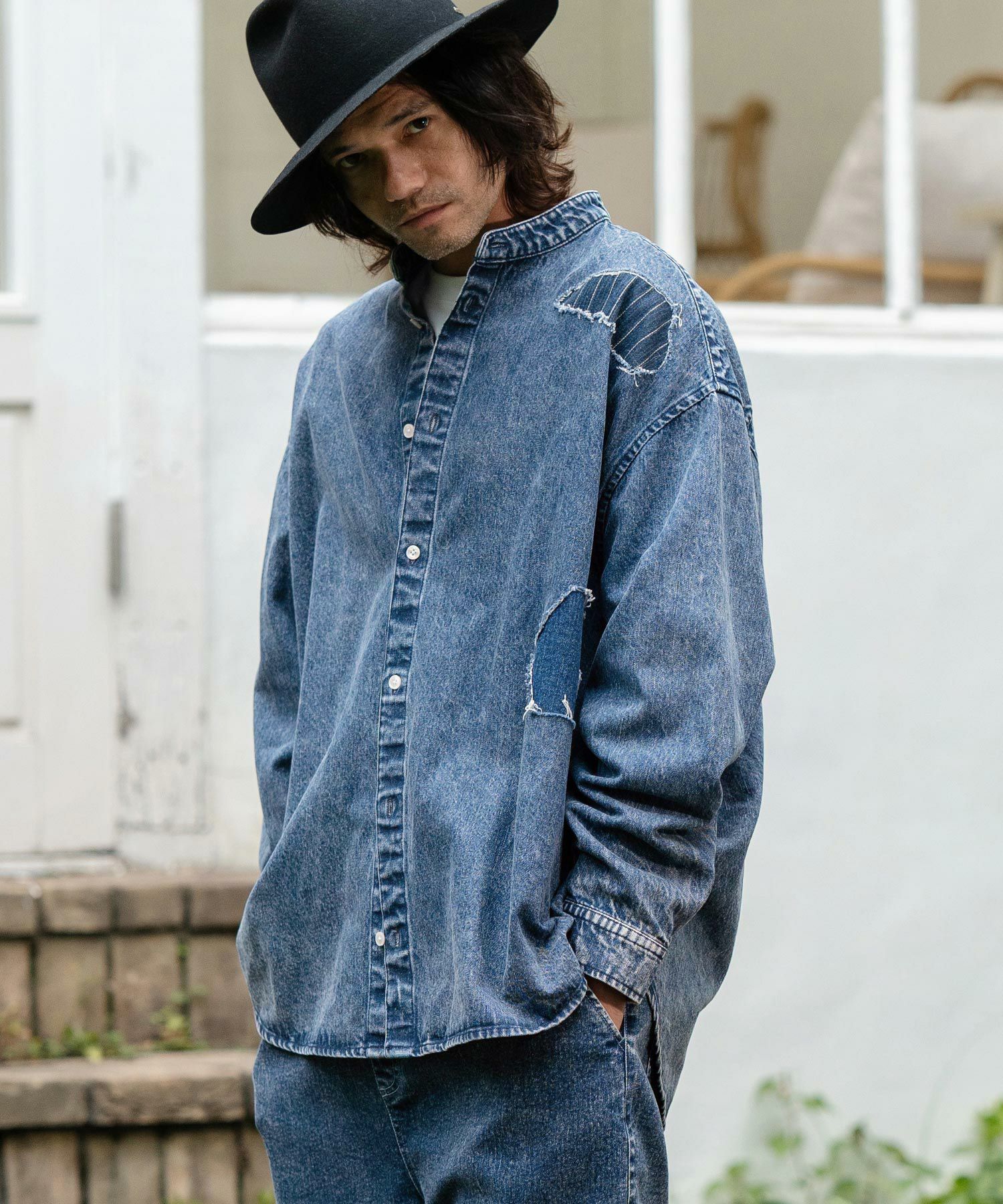 30%OFF【CAMBIO(カンビオ)】Chemical Wash Denim Distressed Shirts