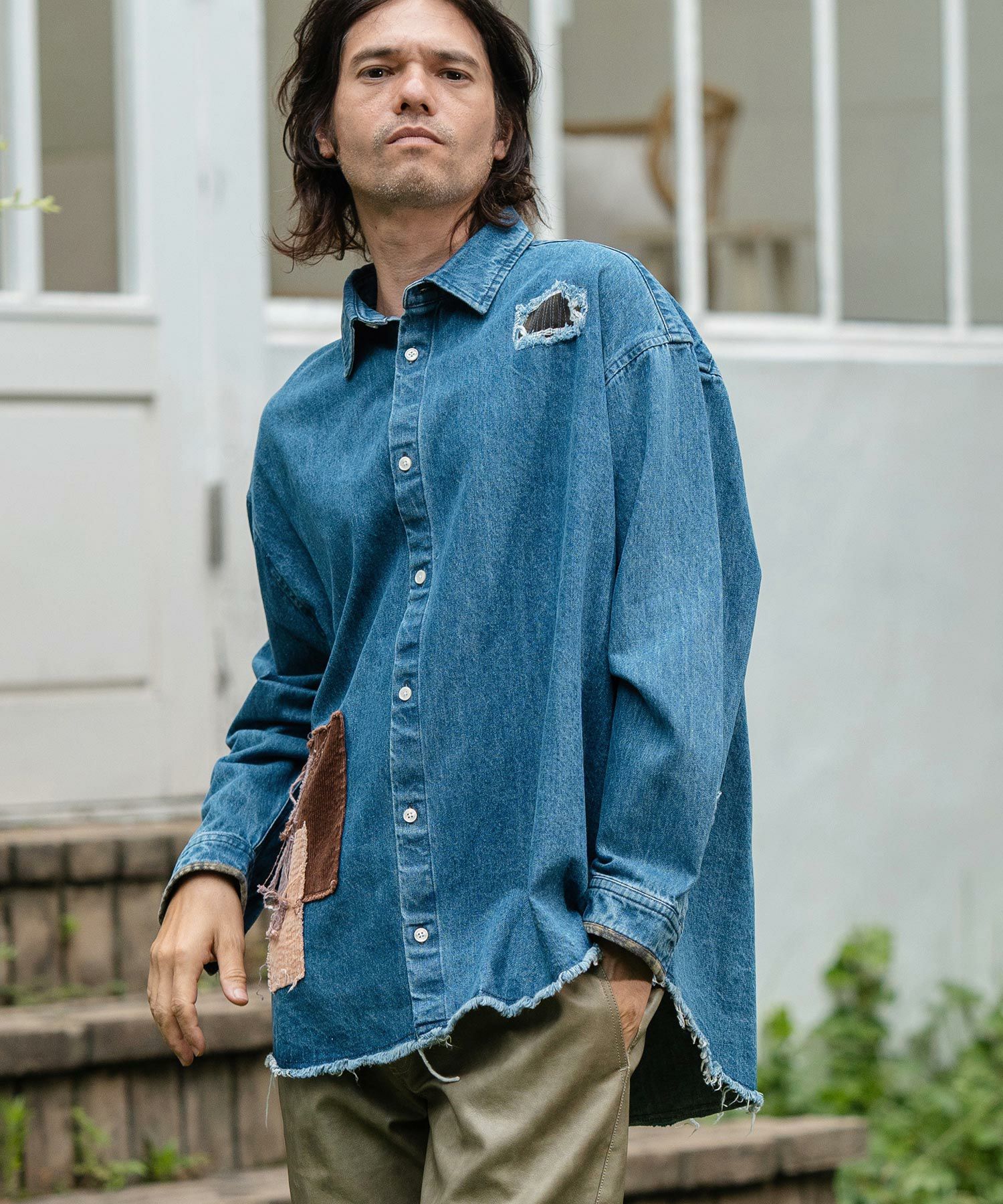 50%OFF【CAMBIO(カンビオ)】 Stripe Switch Band Collar Denim Shirts