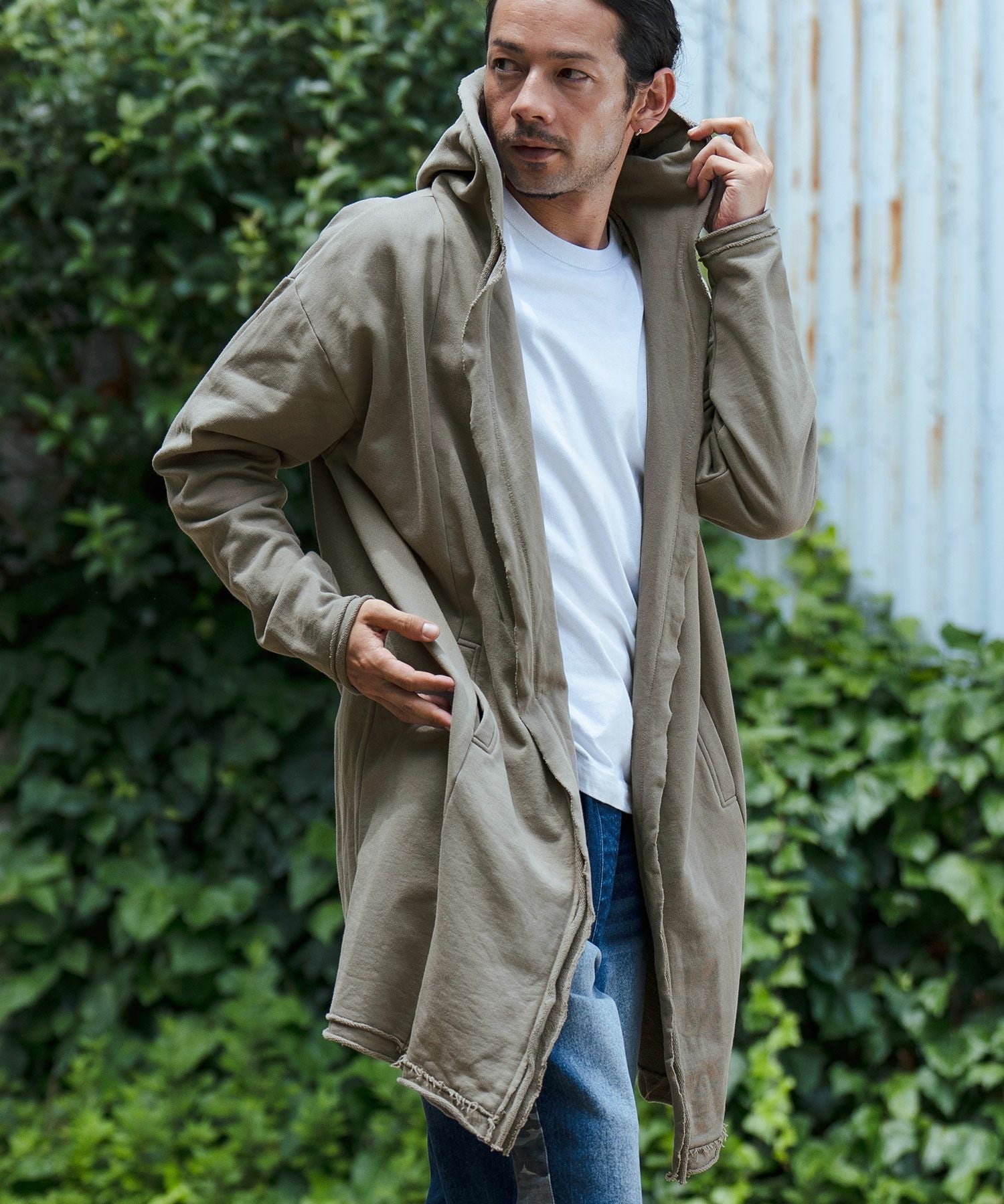ロングカーディガン 30%OFF【CAMBIO(カンビオ)】裏毛カットオフフーデッドロング