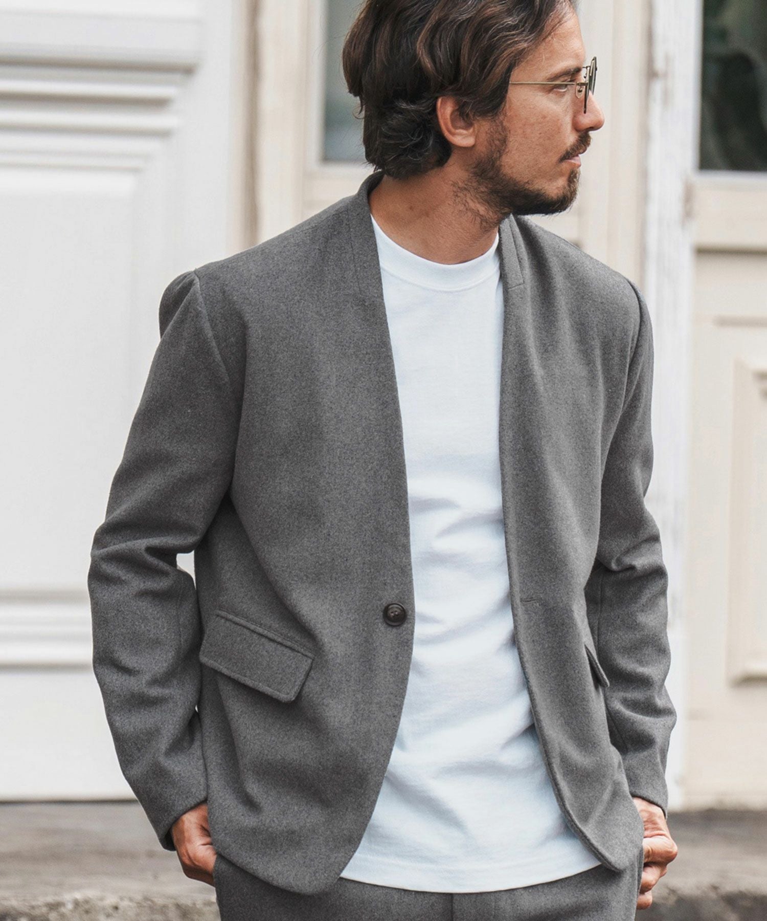 felkod(フィルコッド)】 Light Oxford Collarless Jacket ノーカラー