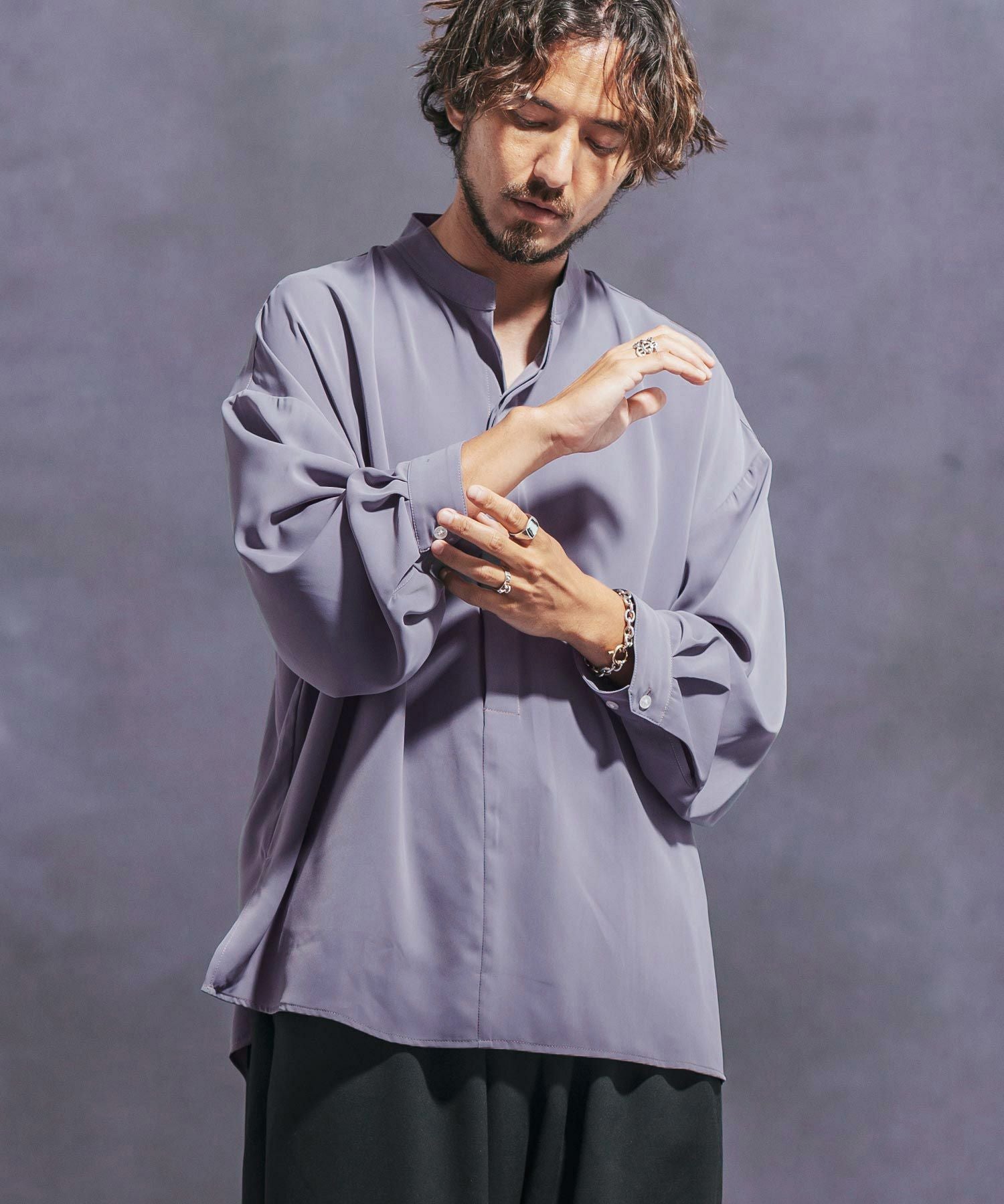 Jih Nunc(ジーヌンク)】スタンドカラー比翼プルオーバーシャツ(JIH