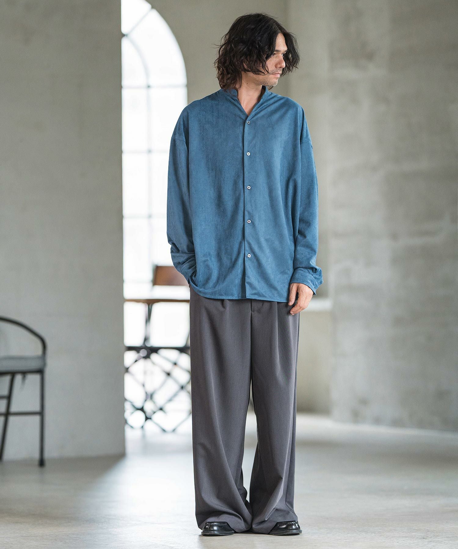 Enof スエードシャツ CALEE - FAUX SUEDE SH (ORANGE)｜フェイクスエード オープンカラー