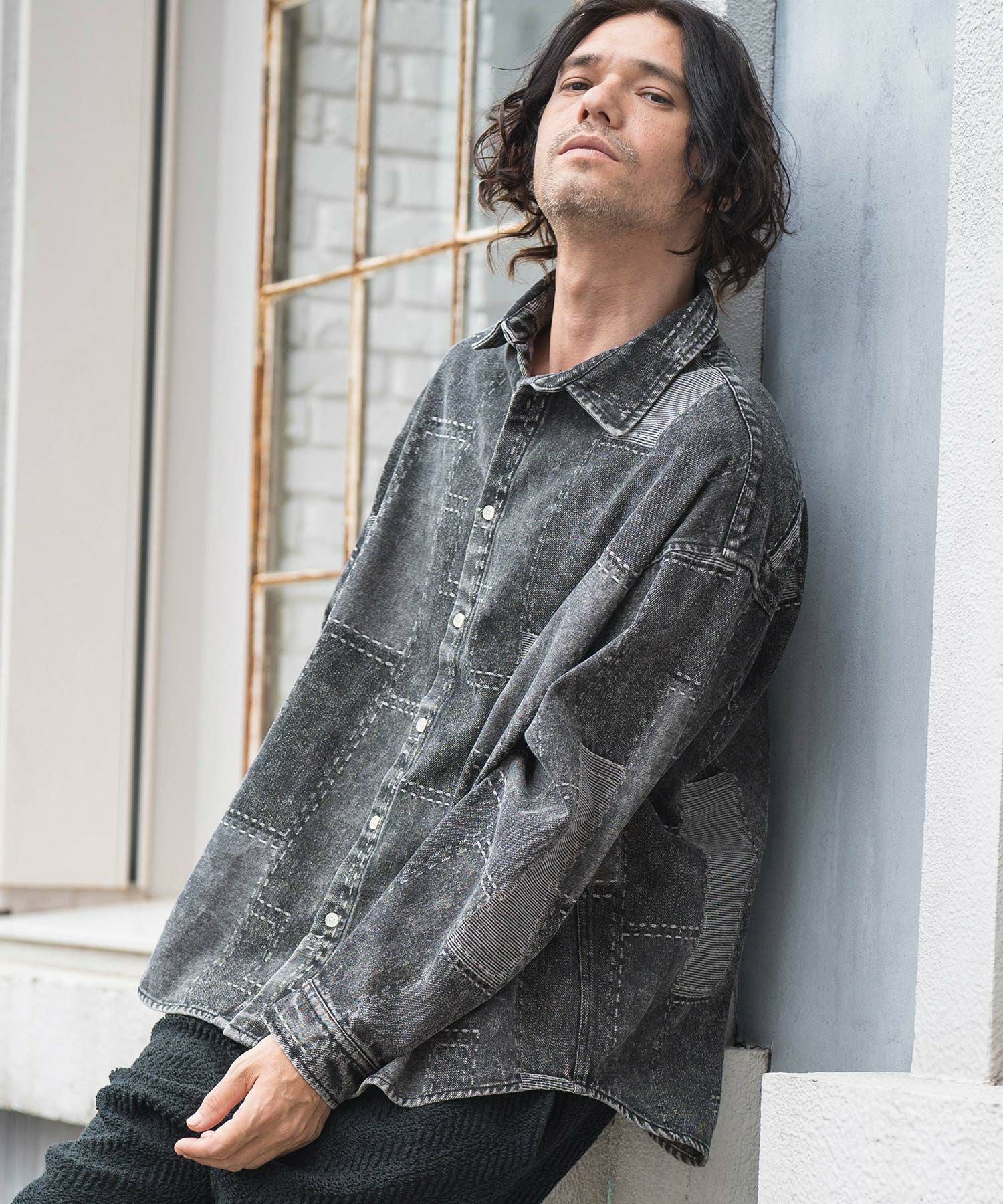 unlabel. デニムシャツ　グレーM 30%OFF【CAMBIO(カンビオ)】Patchwork Jacquard Chemical Wash Denim