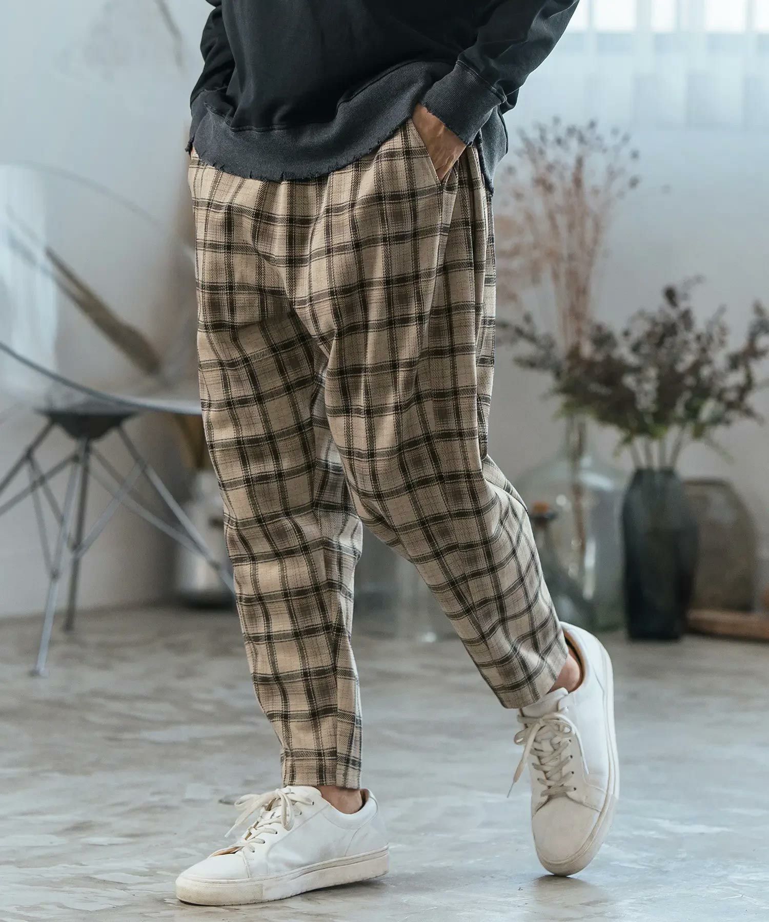heveネイビー バルーンシルエット 30%OFF【CAMBIO(カンビオ)】Check Ponti Wide Balloon Silhouette