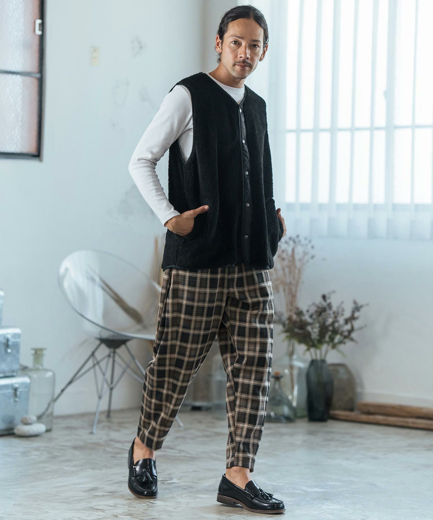 heveネイビー バルーンシルエット 30%OFF【CAMBIO(カンビオ)】Check Ponti Wide Balloon Silhouette